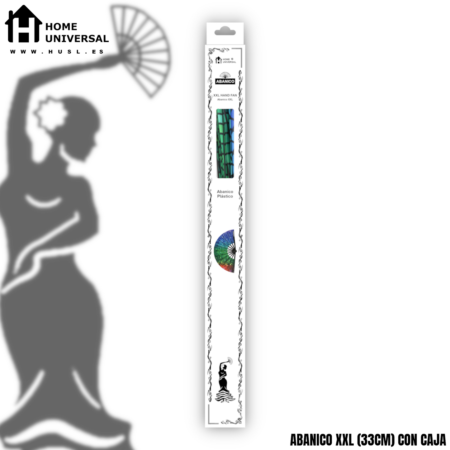Home Universal® Abanico XXL 33 cm Grande de Plástico con Caja – Plegable, Ligero y Resistente – Efecto Fluorescente Brillante – Ideal para Verano, Fiesta, Discoteca, Pride y Eventos (Discoteca - Cuadrado)