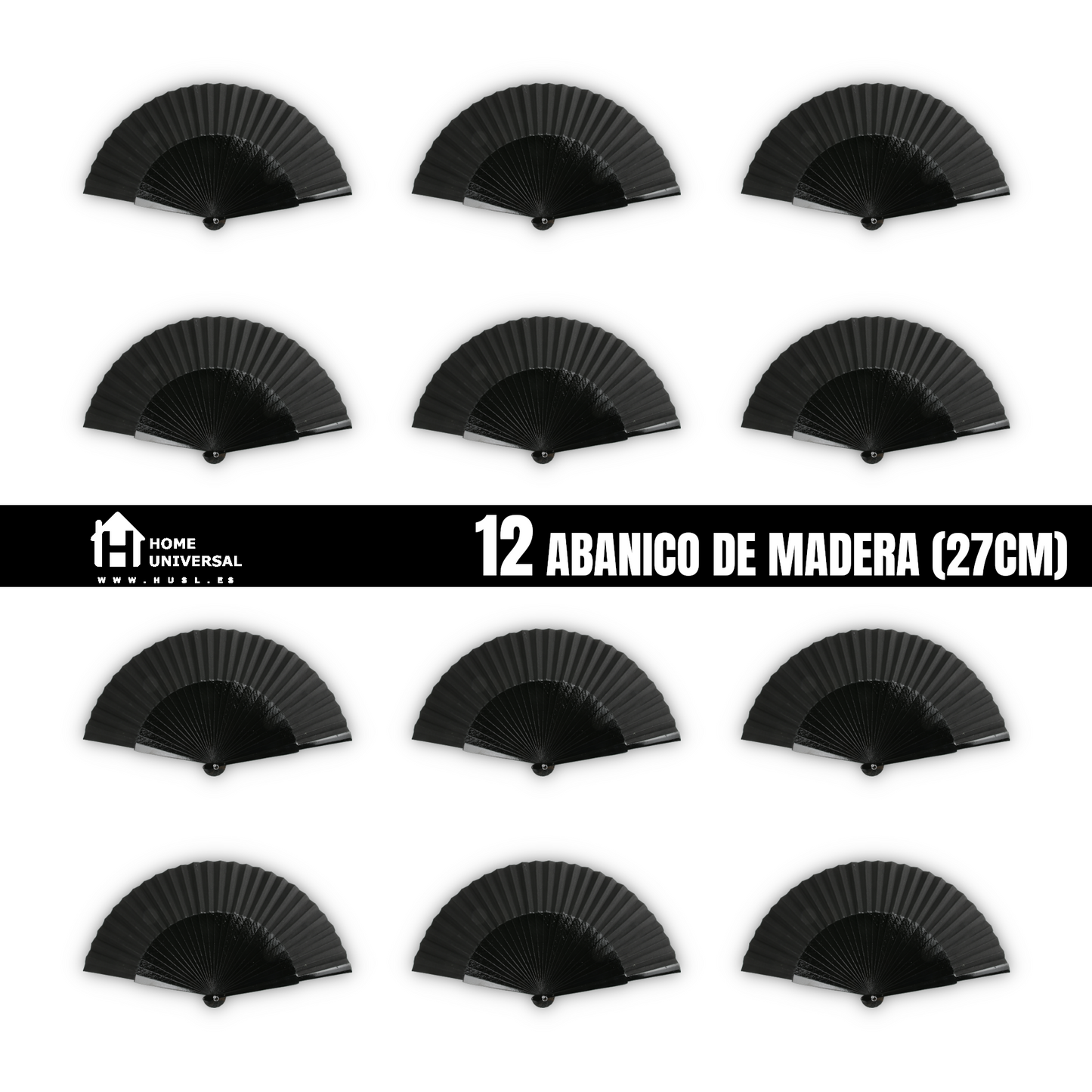 Home Universal® Abanico de madera con argollas para colgar, plegable, ligero y resistente, ideal para bodas, eventos y verano, diseño clásico y portátil perfecto para regalo y uso diario - Negro (27CM)