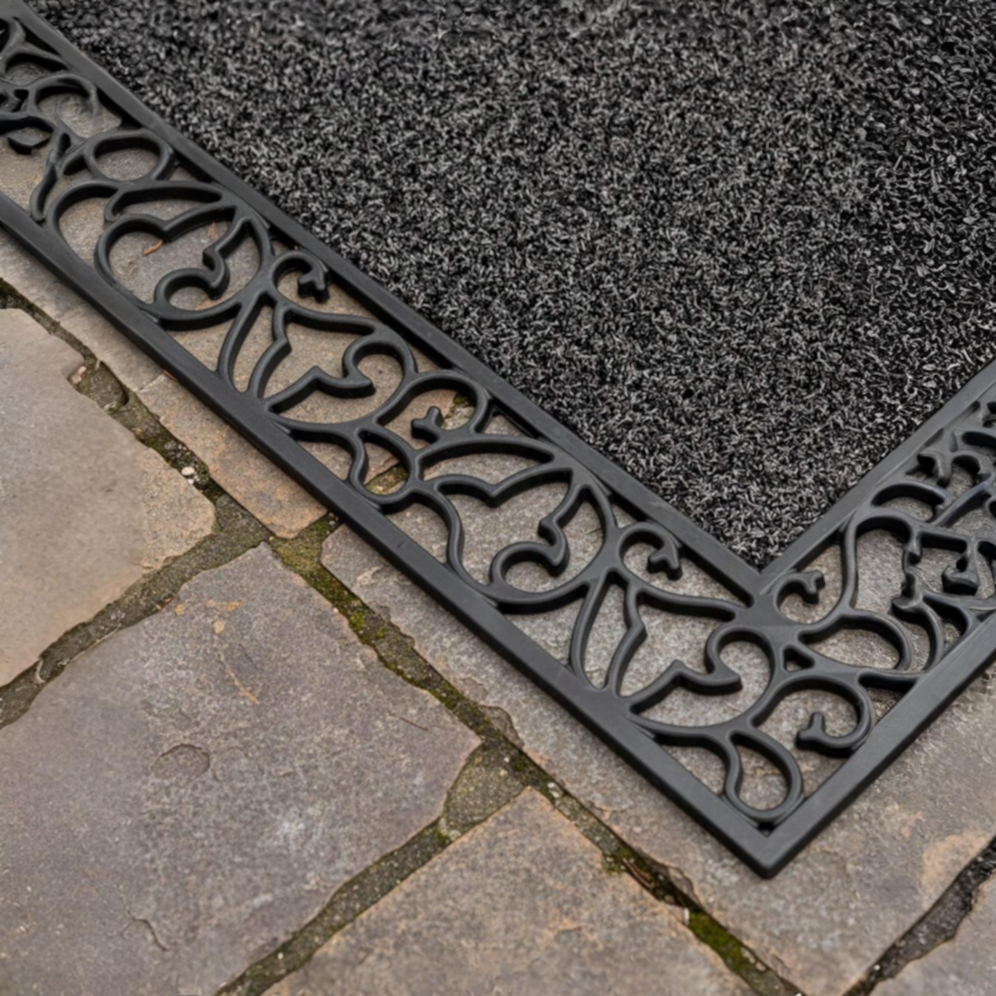 Home Universal® Felpudo de Goma Antideslizante para Exterior y interior – Resistente a Lluvia y Barro, Limpia Zapatos, Alta Durabilidad – Varias Medidas, 45X75CM, Negro (Diseño Clásico Ornamental)