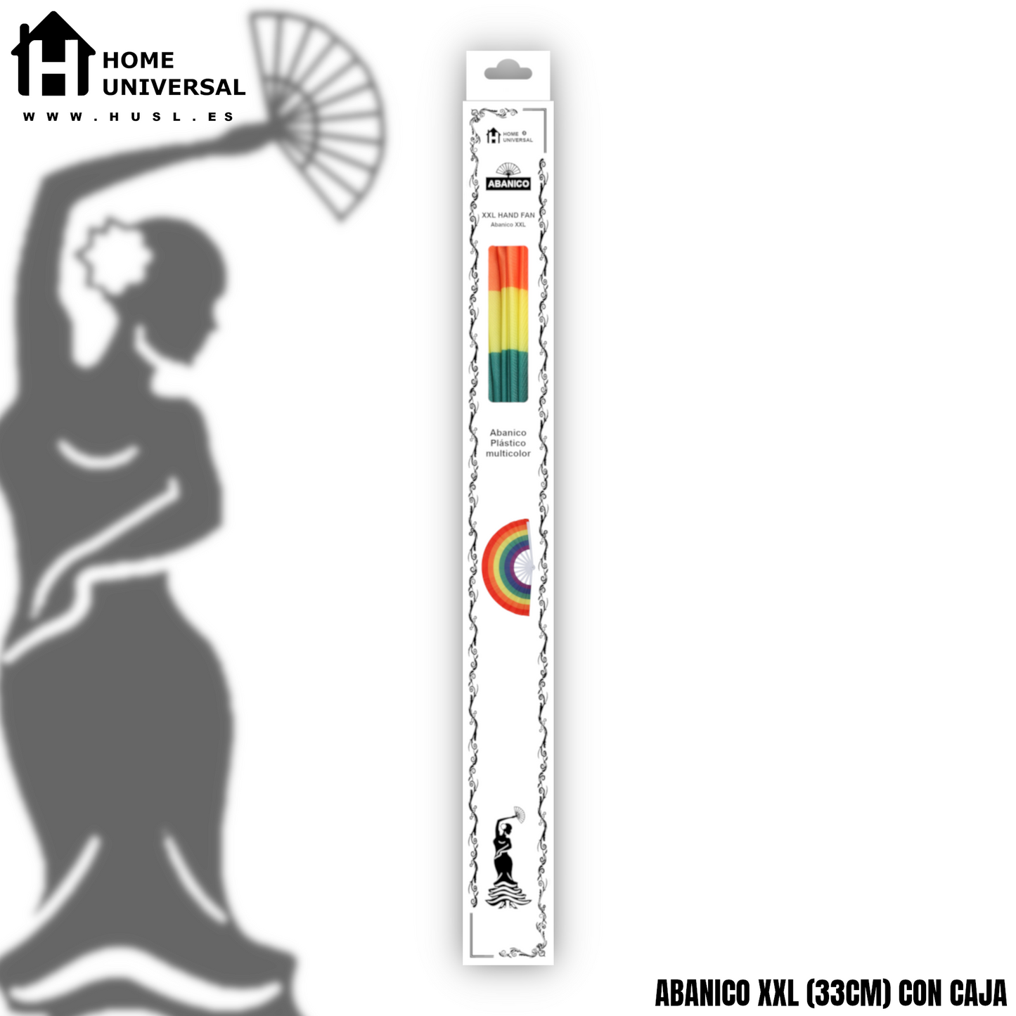 Home Universal® Abanico XXL 33 cm Grande de Plástico con Caja – Plegable, Ligero y Resistente – Efecto Fluorescente Brillante – Ideal para Verano, Fiesta, Discoteca, Pride y Eventos (ArcoÍris - Estampado)