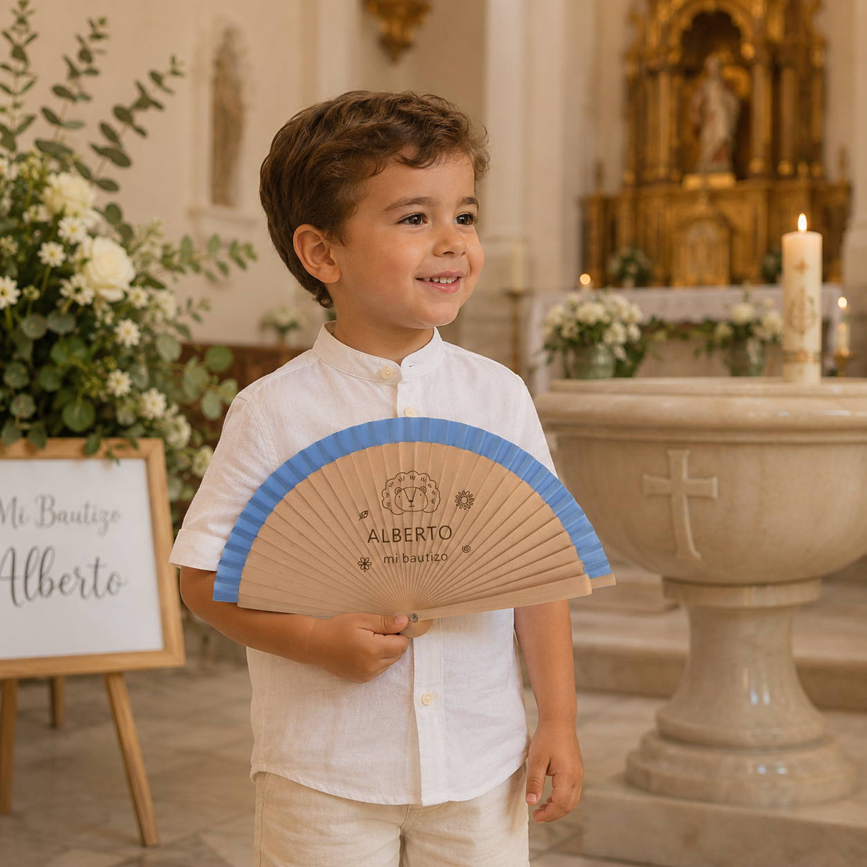 Home Universal® Abanico Personalizado de Madera, 1 Unidad – Detalle Elegante para Boda, Bautizo o Comunión, con Nombre y Fecha, Recuerdo Original para Invitados, 19 y 23 cm(Azul)