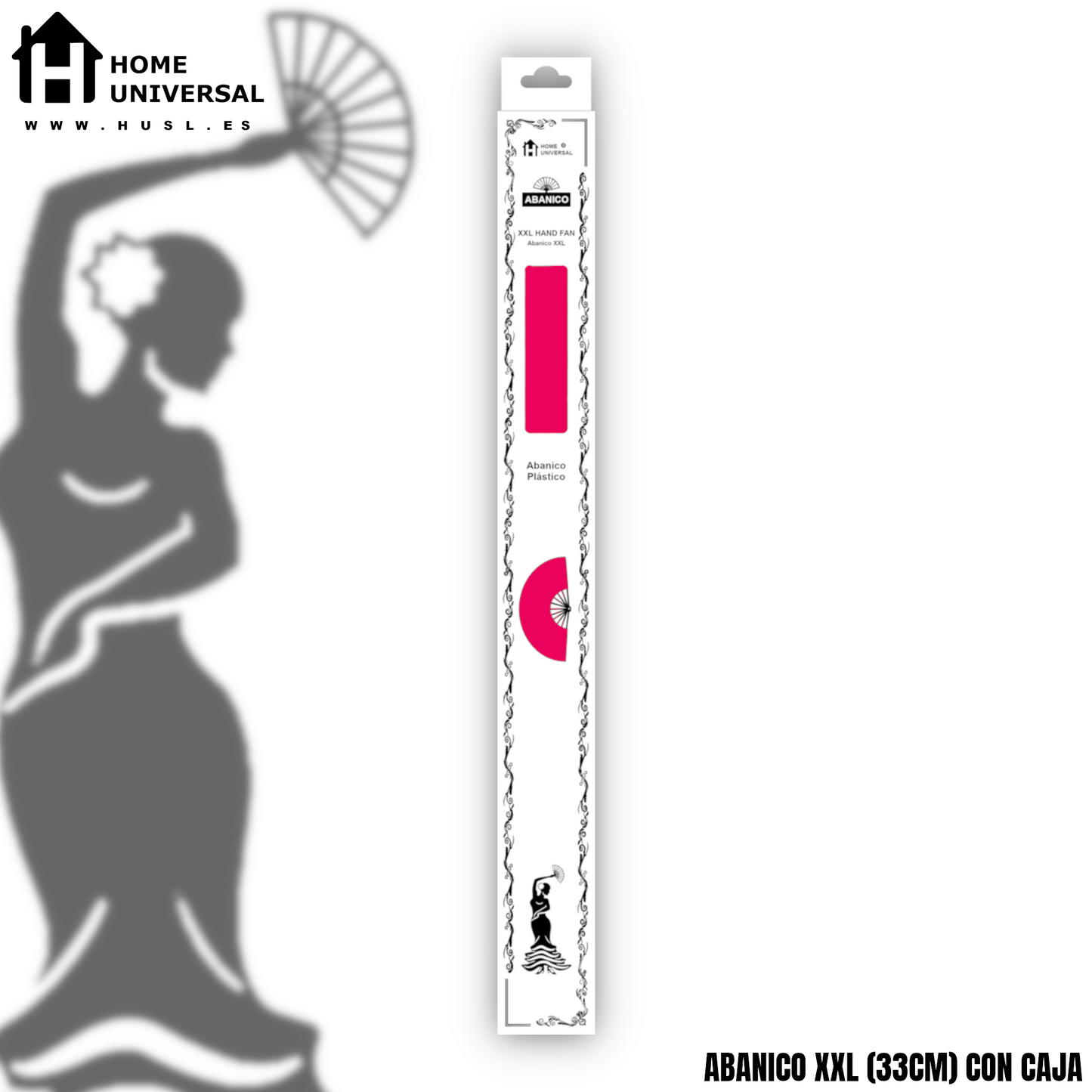 Home Universal® Abanico XXL 33 cm Grande de Plástico con Caja – Plegable, Ligero y Resistente – Efecto Fluorescente Brillante – Ideal para Verano, Fiesta, Discoteca, Pride y Eventos - Fucsia (Liso)