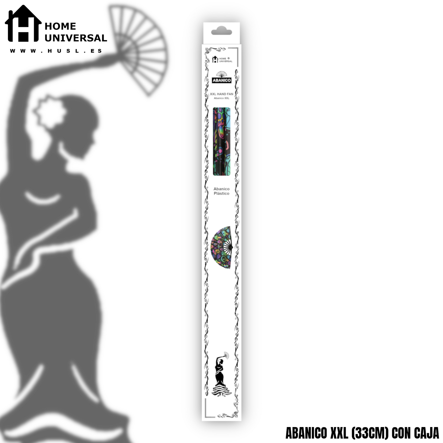 Home Universal® Abanico XXL 33 cm Grande de Plástico con Caja – Plegable, Ligero y Resistente – Efecto Fluorescente Brillante – Ideal para Verano, Fiesta, Discoteca, Pride y Eventos (Setas - Multicolor)