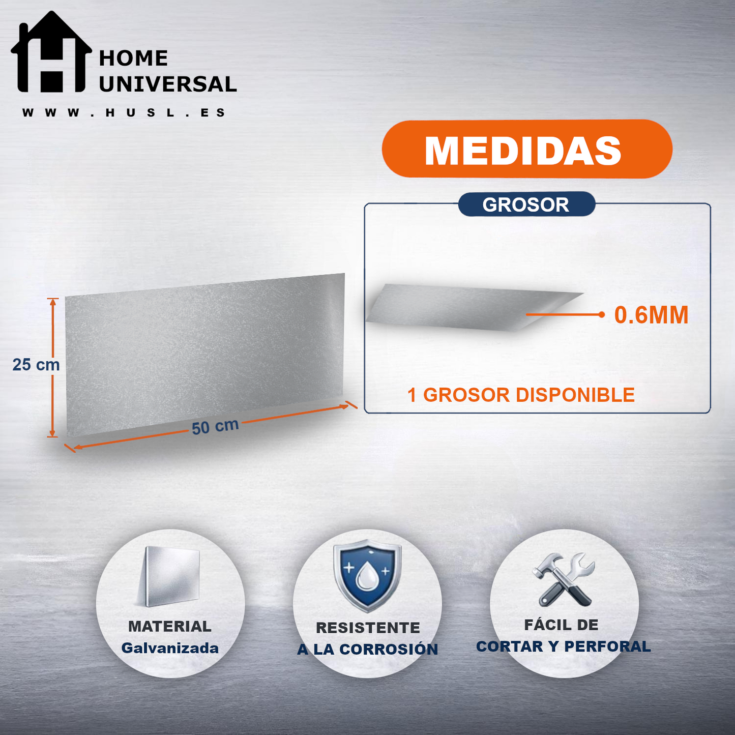 Home Universal® Chapa Galvanizada Lisa y Perforada, Lámina Metálica Resistente Anticorrosión para BricolajeSuperficie (Superficie (Liso)Estandar (25X50CM - 0.6MM))