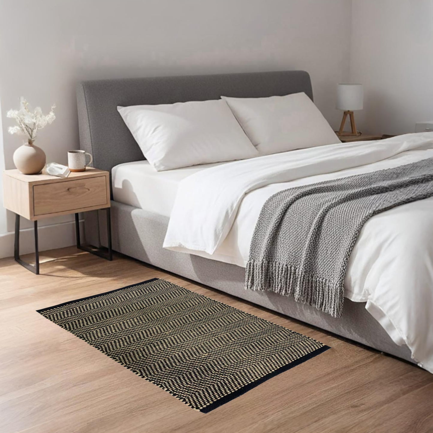 Home Universal® Alfombra Jarapa de Algodón Lavable | Diseño Geométrico Artesanal | Decoración Boho Mediterránea para Salón, Dormitorio, Pasillo y Cocina | Suave, Ligera y Resistente | Zigzag Ébano