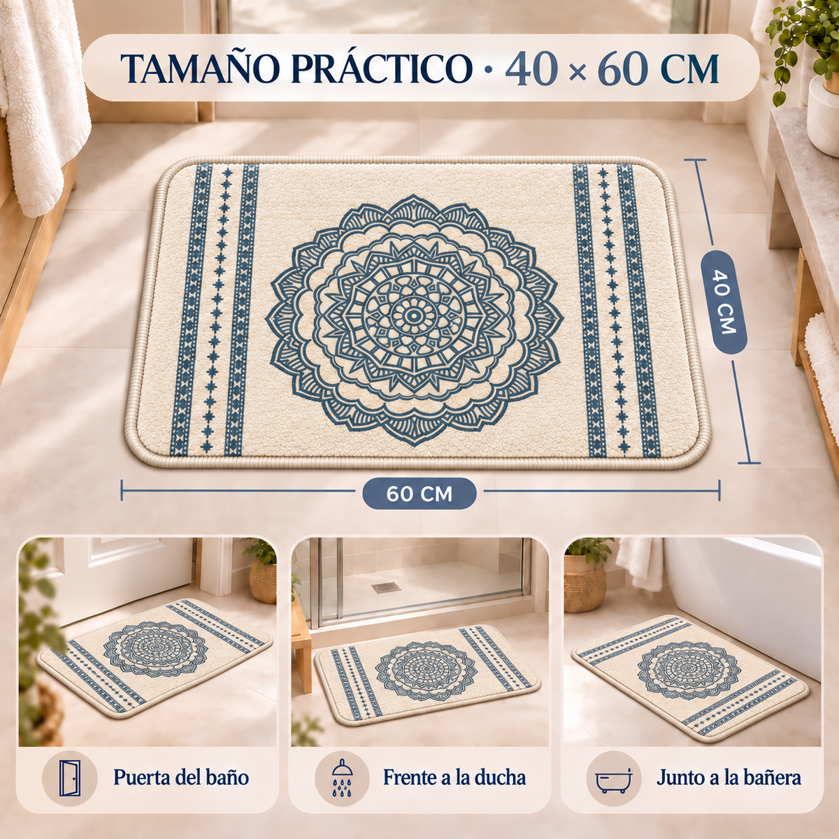 Home Universal® 2 Alfombras de Baño Absorbentes y Antideslizantes, Alfombrillas Suaves con Base de Goma, Lavables a Máquina, para Ducha, Bañera y Lavabo (Mandala Azul, 40 x 60 cm (Rectangular))