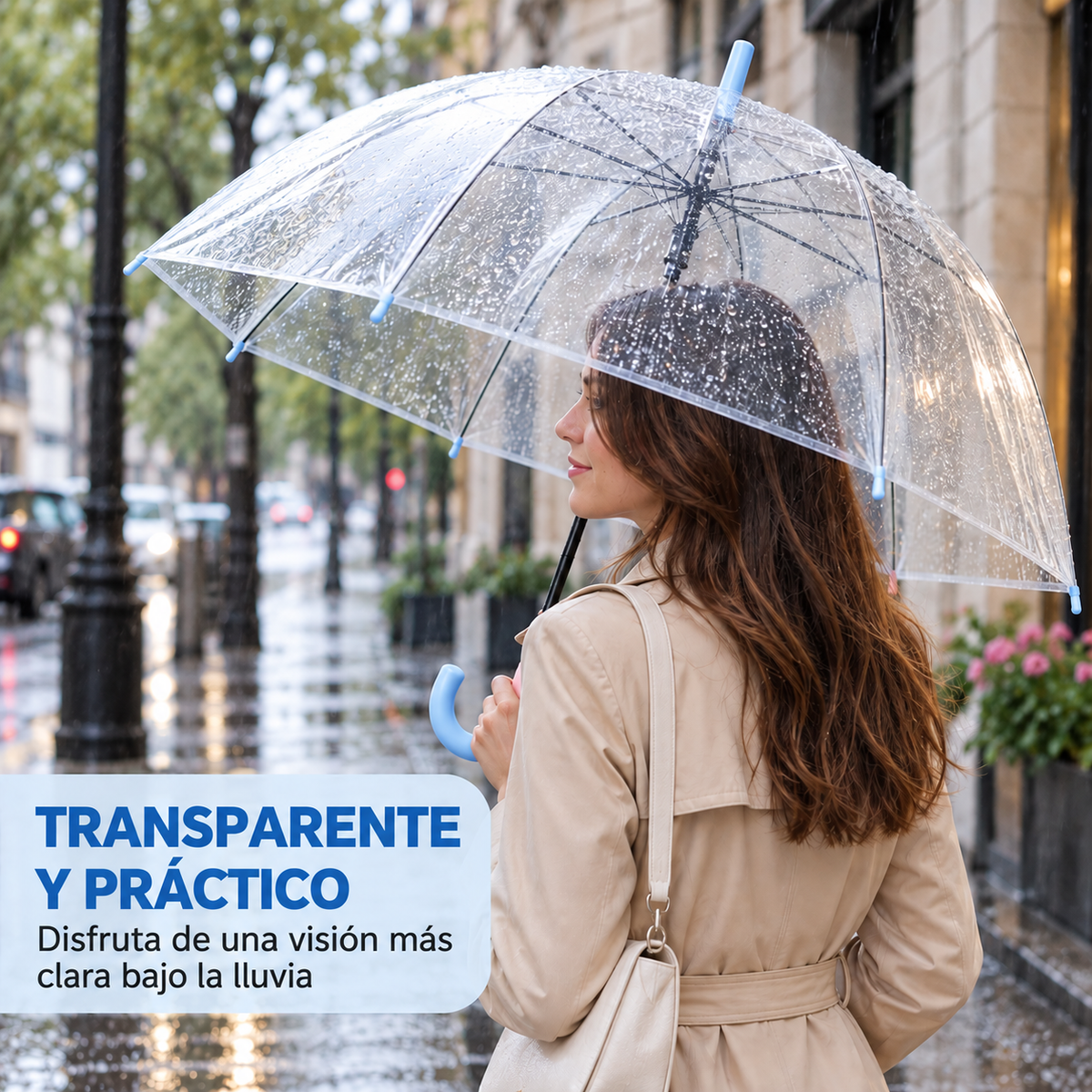 Home Universal® Paraguas Transparente Grande 120 cm, Paraguas de Cúpula con Mango Curvo, Apertura Semiautomática (Azul Claro)