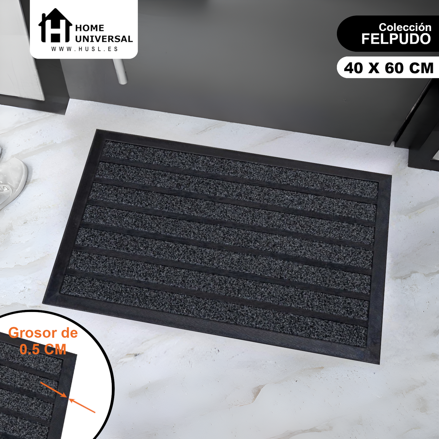 Home Universal® Felpudo de Goma Antideslizante para Exterior y interior – Resistente a Lluvia y Barro, Limpia Zapatos, Alta Durabilidad – Varias Medidas, 40X60CM, Negro (Diseño a Rayas)