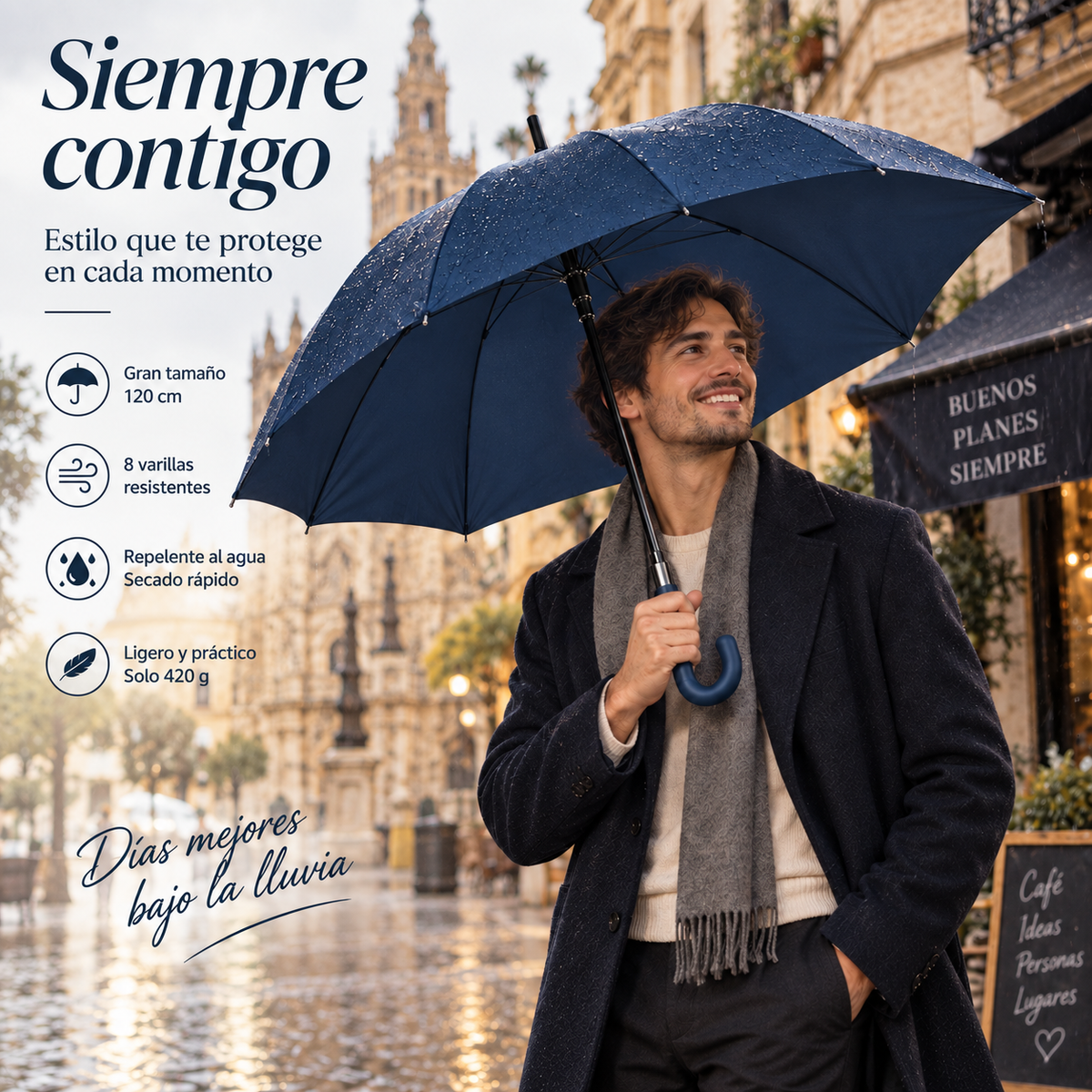 Home Universal® Paraguas Grande Semiautomático, Paraguas Largo Resistente al Viento con Mango Curvo para Mujer y Hombre (Azul Marino (Liso))