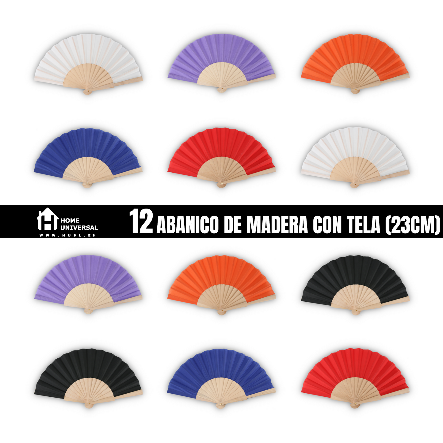 Home Universal ® Pack 12 Unidades Abanicos Madera con Tela Lisa 23cm, Detalles para los Invitados, Regalos de Boda, Fiestas, Comuniones y Otros Eventos - Mezcla de Color (12 Unidades)