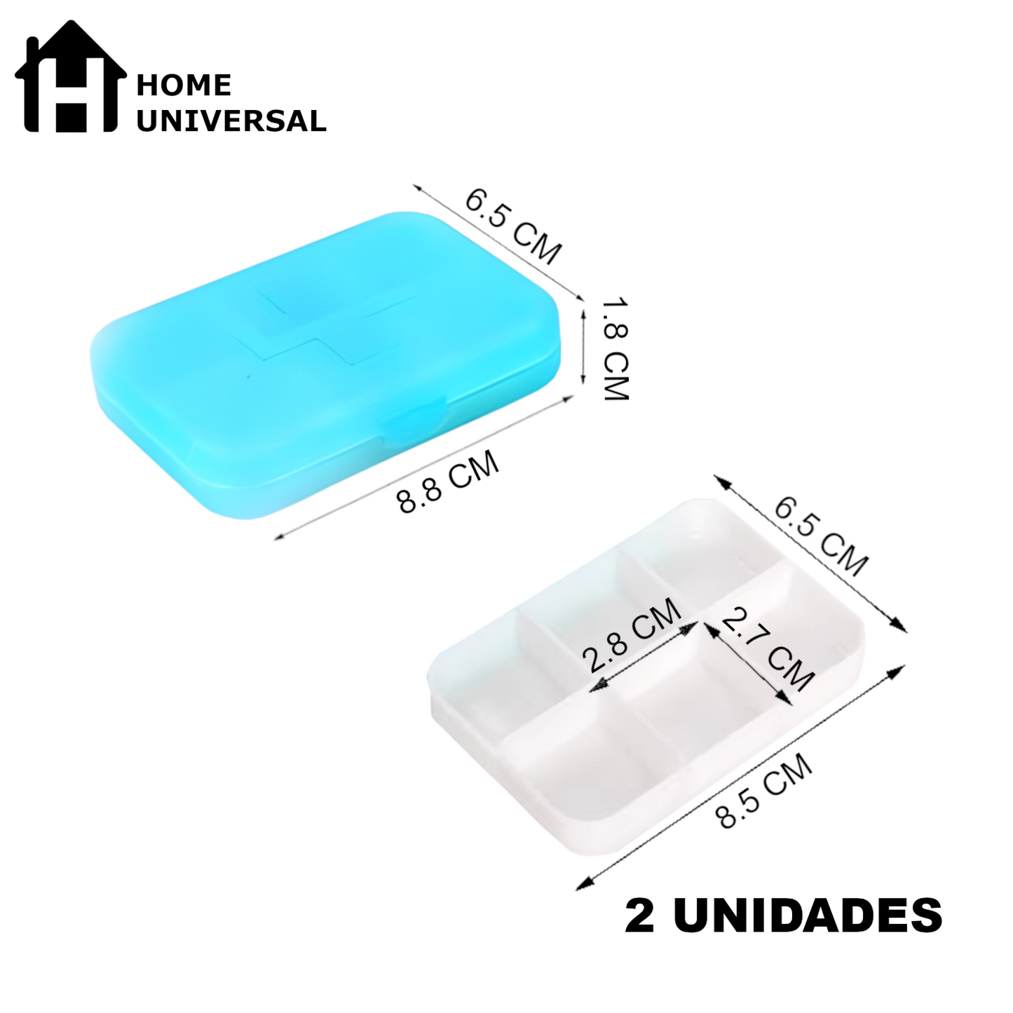 Home Universal® Pastillero portátil y semanal con 6, 7 o 28 compartimentos | Caja organizadora de pastillas con cortador integrado – Diferentes colores y formatos (Pastillero portátil 6 compartimentos - Azul)