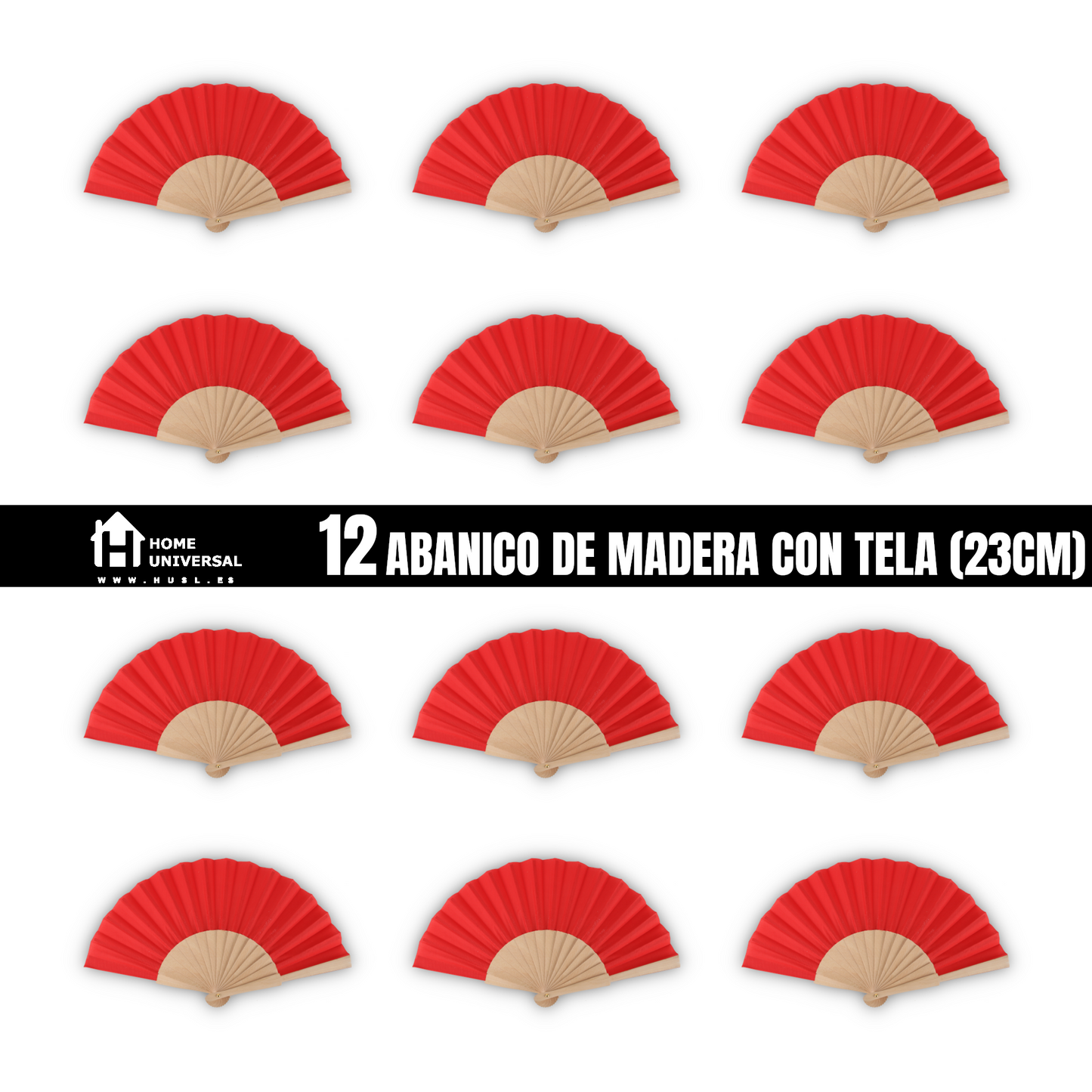 Home Universal ® Pack 12 Unidades Abanicos Madera con Tela Lisa 23cm, Detalles para los Invitados, Regalos de Boda, Fiestas, Comuniones y Otros Eventos - Rojo (12 Unidades)