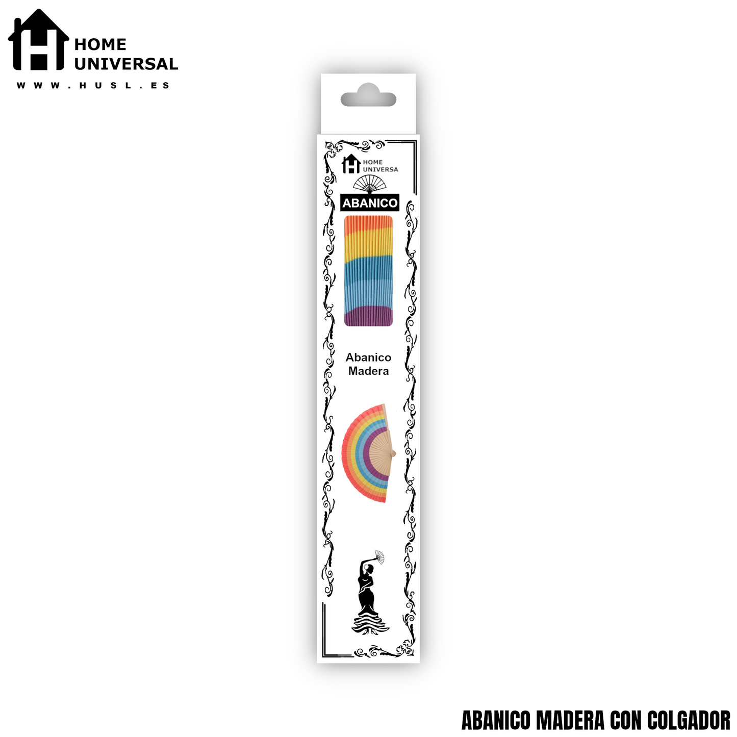 Home Universal® Abanico 23 cm con Cuerda para Cuello – Abanico Plegable de Madera Ligero y Portátil – Accesorio de Verano para Playa, Festivales, Bodas y Eventos – Diseño Divertido, Ideal para Viajes y Calor (Arcoíris Armónico)