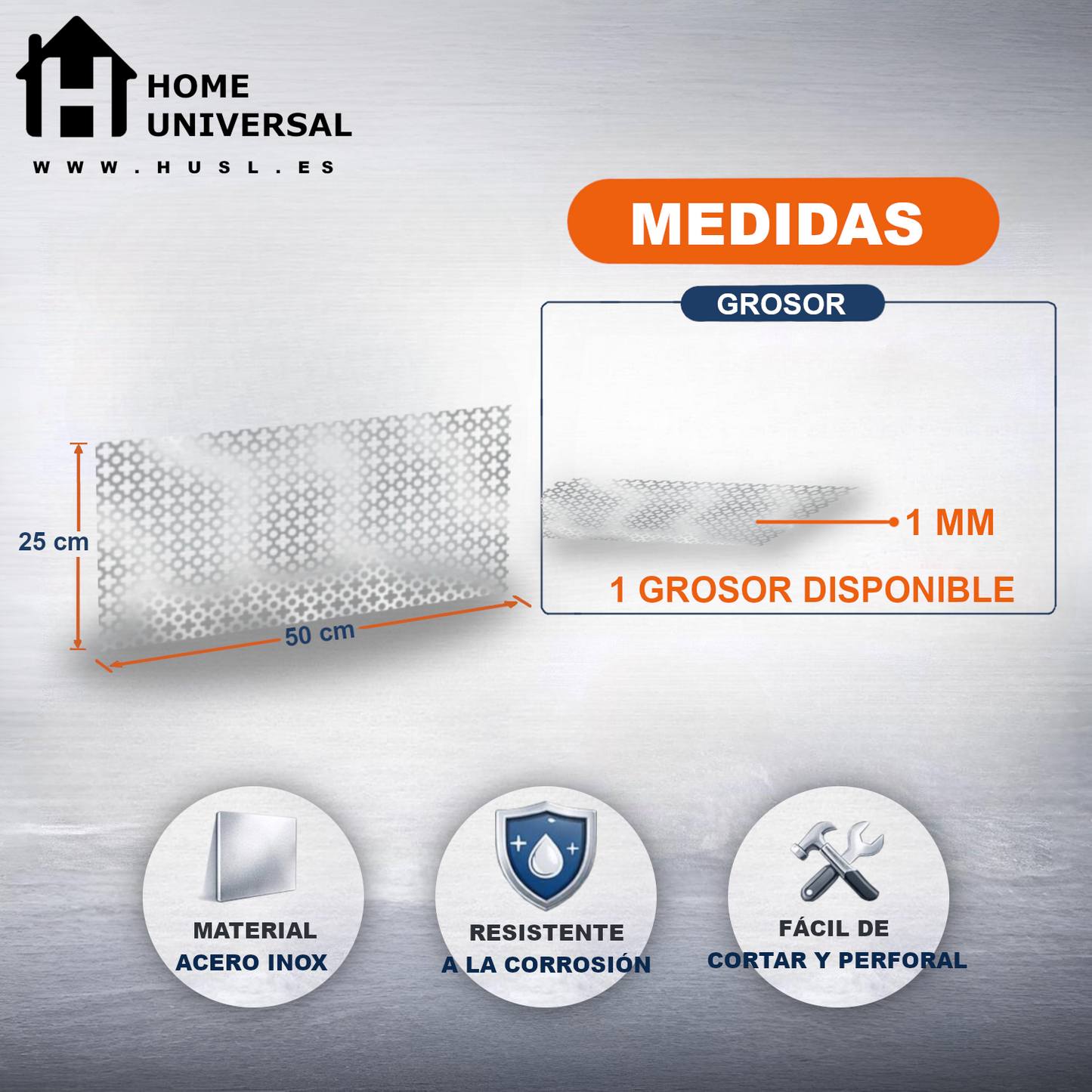Home Universal® Chapa Acero inoxidable Superficie Liso, Estriada, Perforación Cuadrifolio – Lámina Metálica Resistente Anticorrosión para Bricolaje e Industria-Perforación Cuadrifolio  (25X50CM - 1MM)