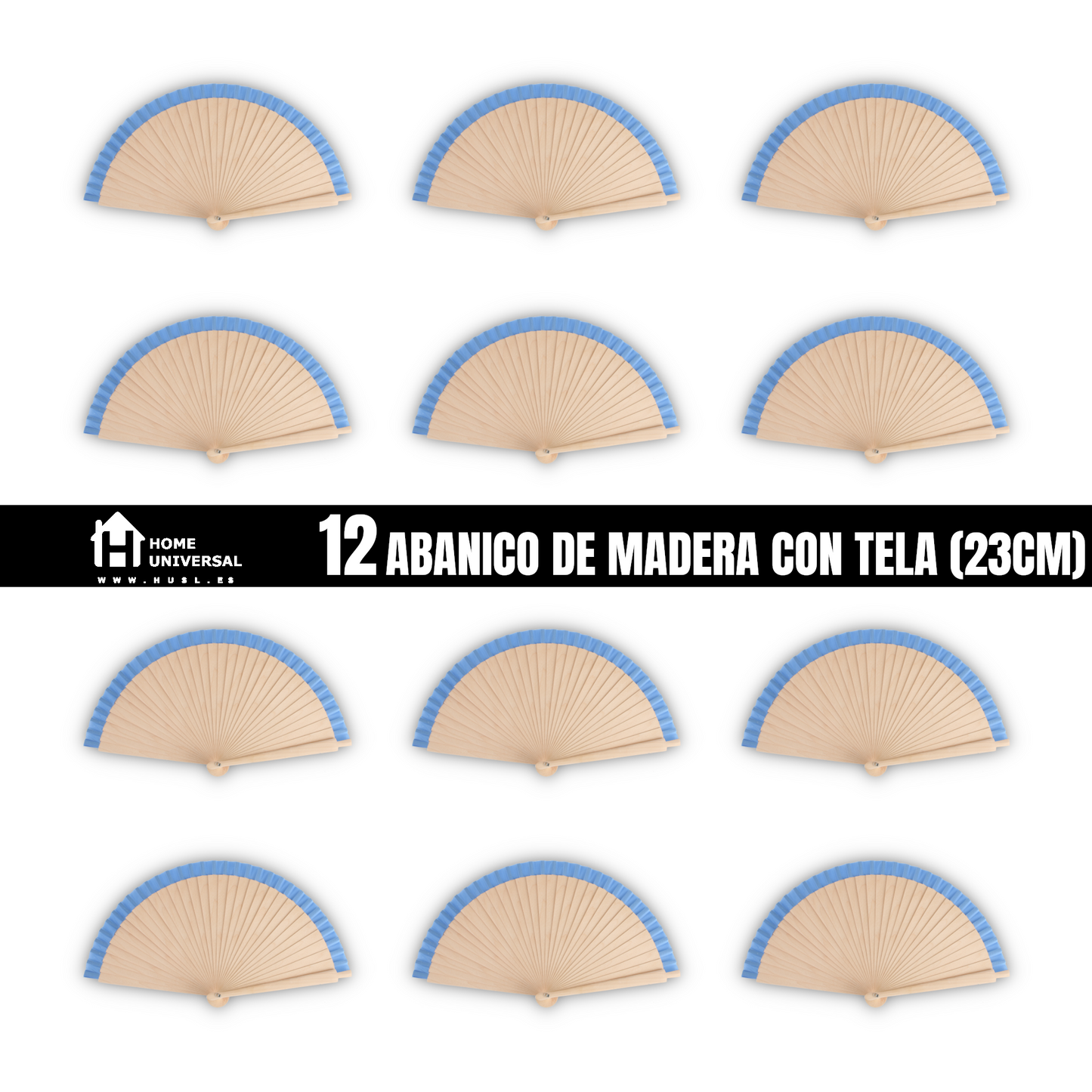Home Universal®  Abanicos de Madera con Argolla para Cuello, Plegables con Tela en Varios Colores - Ligeros, Portátiles y Resistentes para Eventos, Bodas y Verano - Azul  23 CM (12 Unidades)