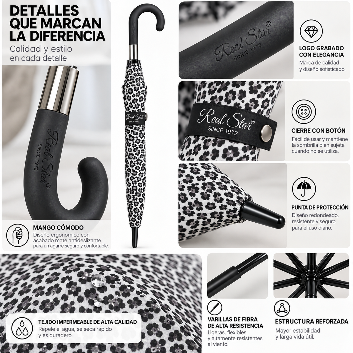 Home Universal® Paraguas Grande Semiautomático, Paraguas Largo Resistente al Viento con Mango Curvo para Mujer y Hombre (Leopardo Blanco Negro)