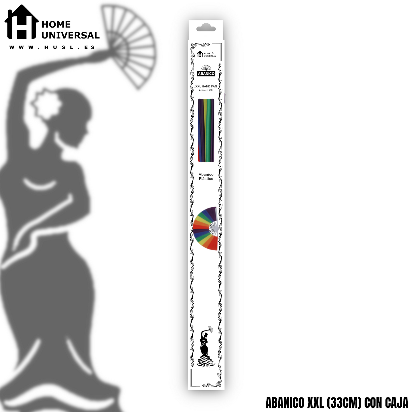 Home Universal® Abanico XXL 33 cm Grande de Plástico con Caja – Plegable, Ligero y Resistente – Efecto Fluorescente Brillante – Ideal para Verano, Fiesta, Discoteca, Pride y Eventos (Arcoíris Vivo - Estampado)