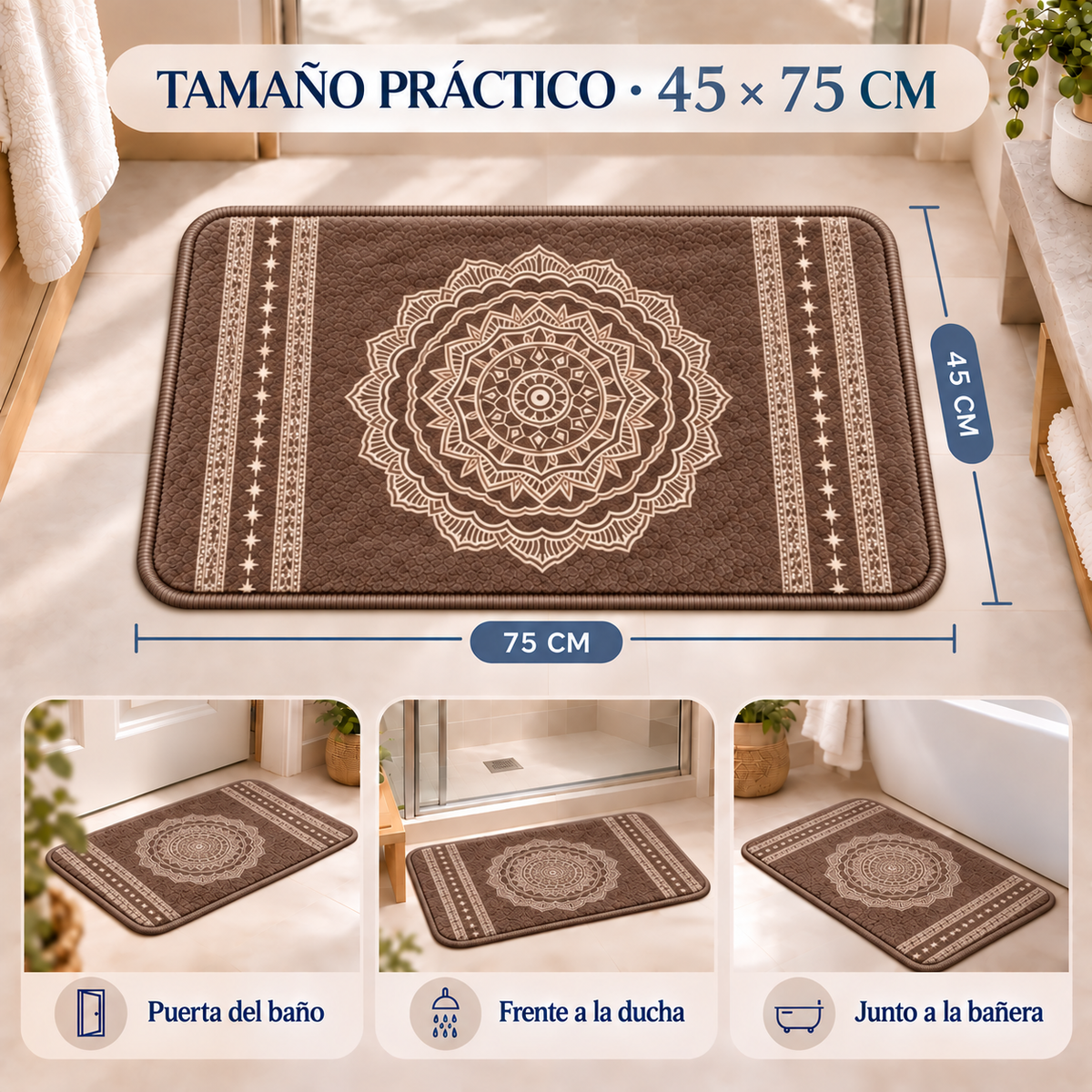 Home Universal® 2 Alfombras de Baño Absorbentes y Antideslizantes, Alfombrillas Suaves con Base de Goma, Lavables a Máquina, para Ducha, Bañera y Lavabo (Mandala Marrón, 45 x 75 cm (Rectangular))