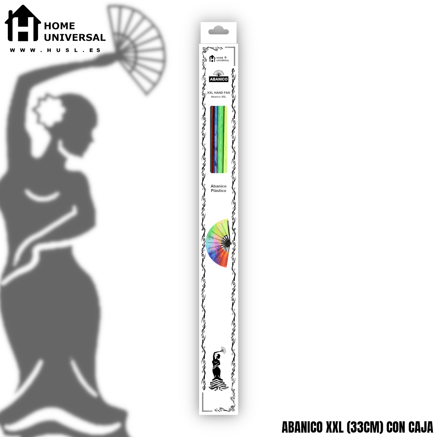 Home Universal® Abanico XXL 33 cm Grande de Plástico con Caja – Plegable, Ligero y Resistente – Efecto Fluorescente Brillante – Ideal para Verano, Fiesta, Discoteca, Pride y Eventos - Neón Arcoíris – Reacciona a la Luz UV