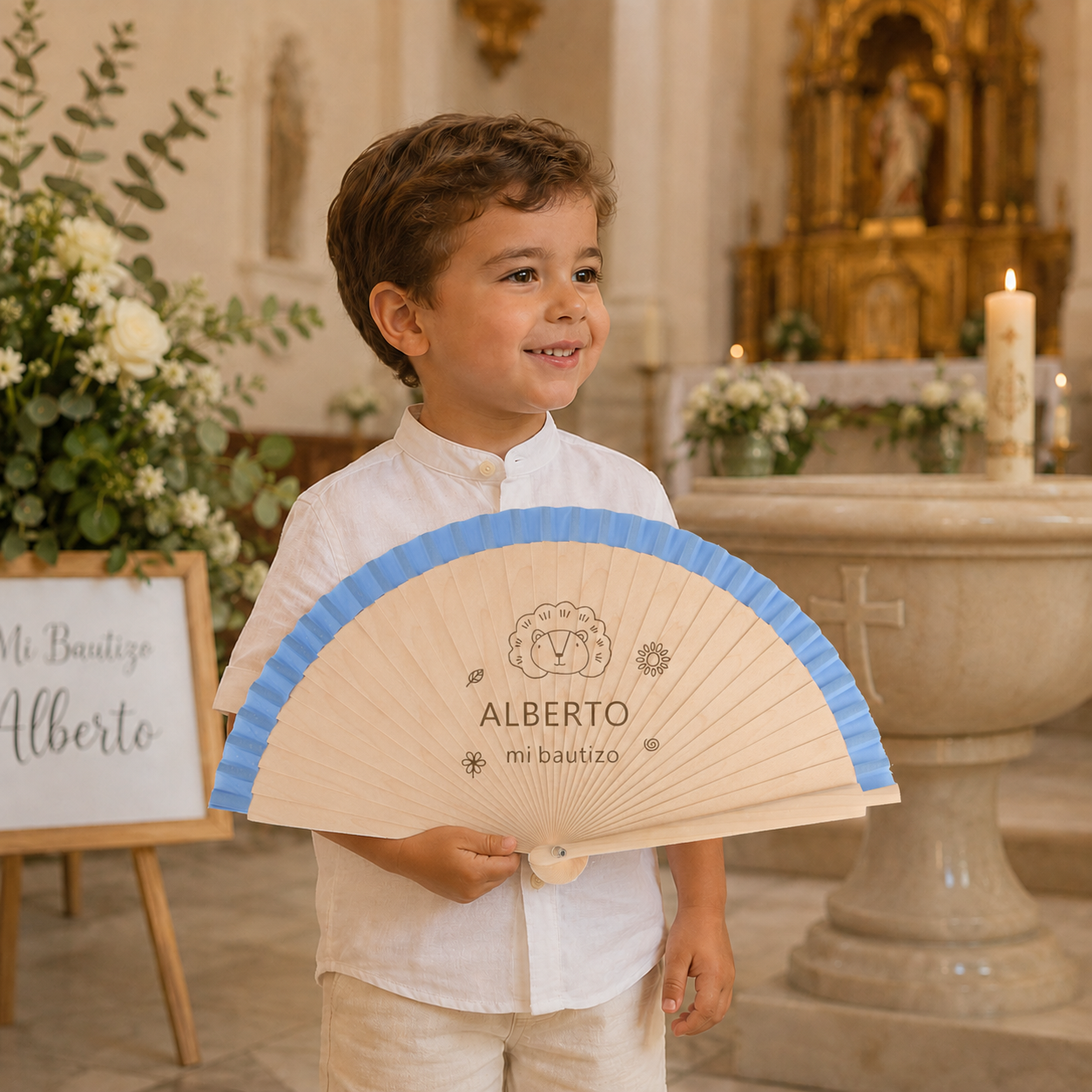 Home Universal® Abanico Personalizado de Madera, 1 Unidad – Detalle Elegante para Boda, Bautizo o Comunión, con Nombre y Fecha, Recuerdo Original para Invitados, 19 y 23 cm(Azul)