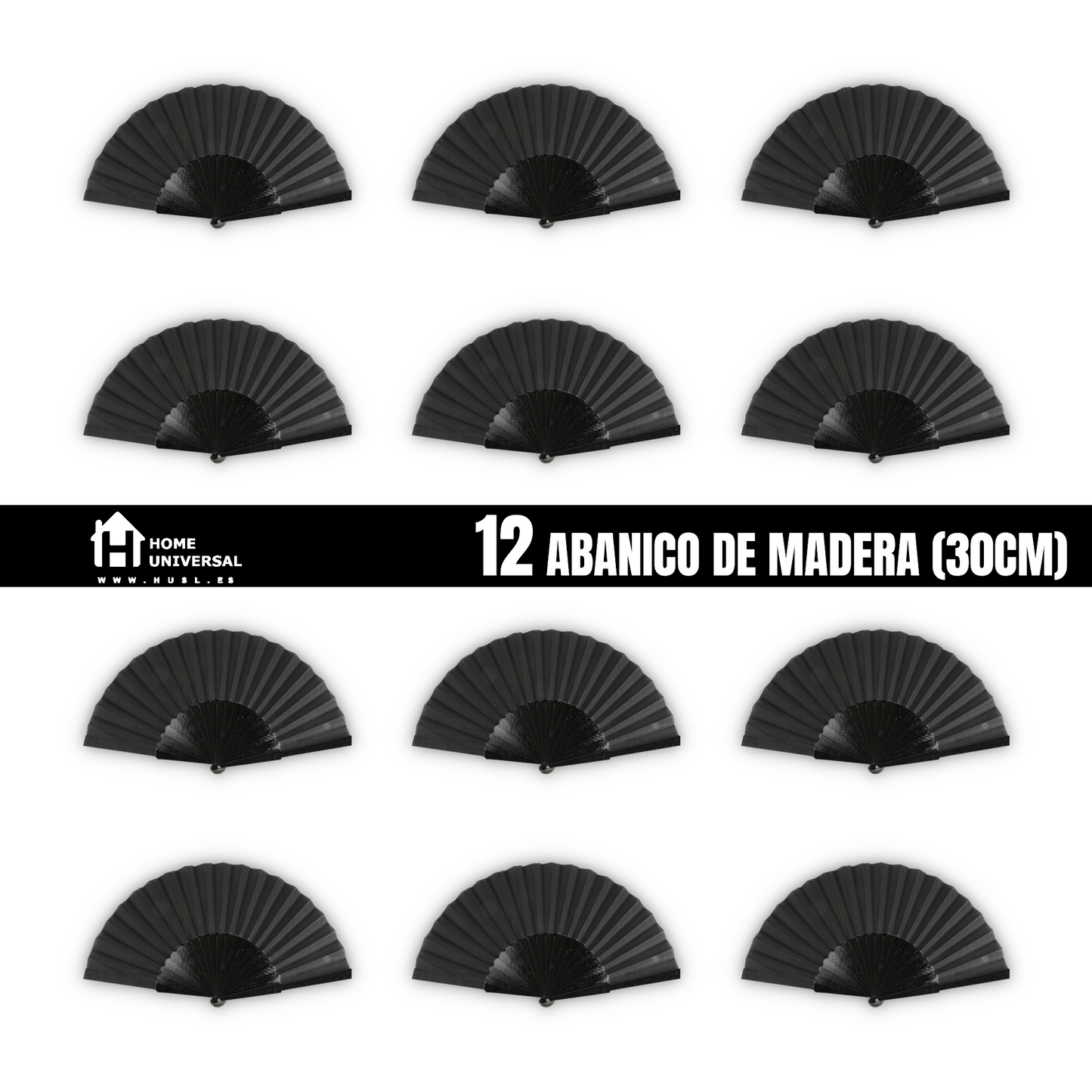 Home Universal® Abanico de madera con argollas para colgar, plegable, ligero y resistente, ideal para bodas, eventos y verano, diseño clásico y portátil perfecto para regalo y uso diario - Negro (30CM)