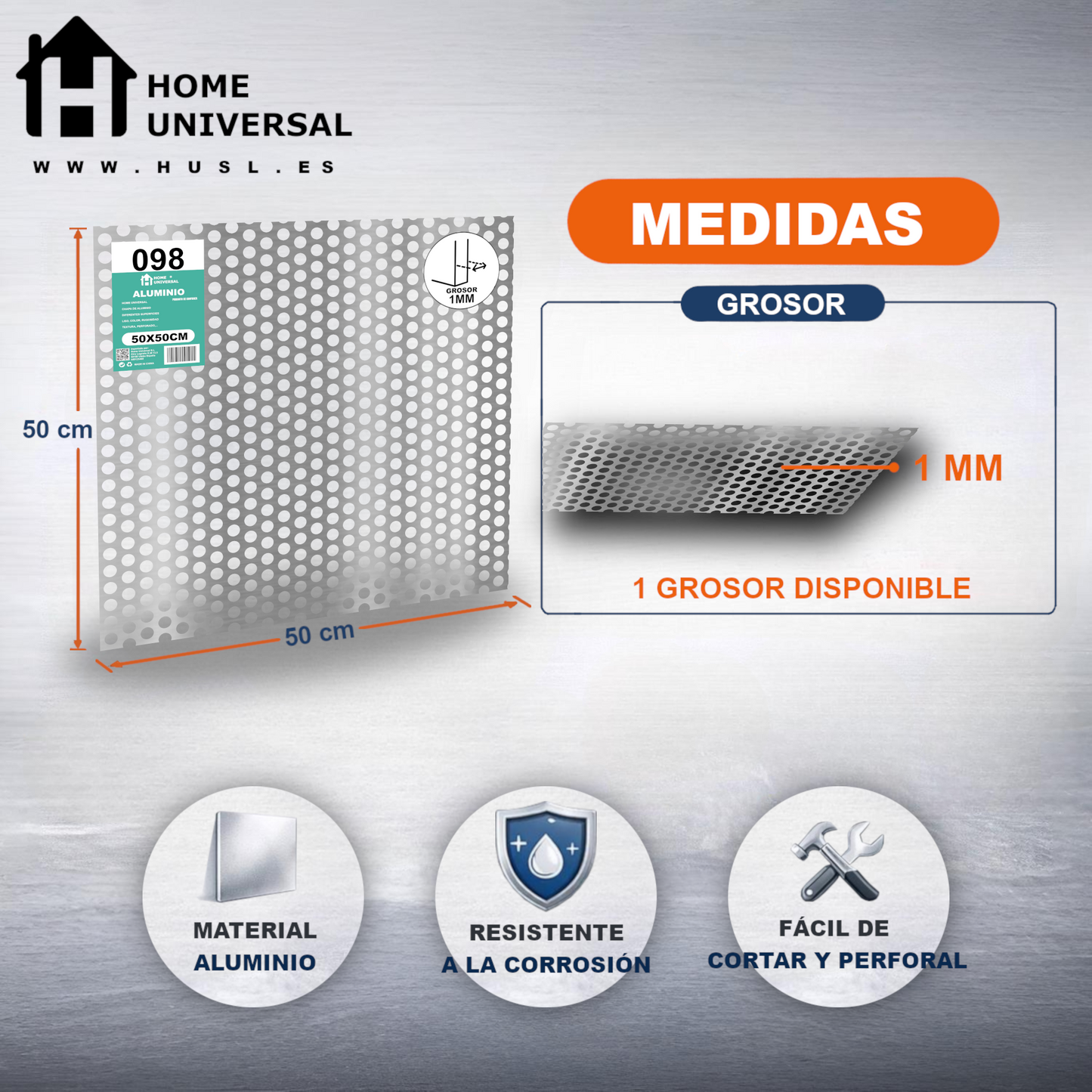 ome Universal® Chapa de Aluminio Estriada, Lisa, Malla y Perforada (Cuadrada, Ovalada, Redonda), Rugosa – Lámina Metálica Resistente Anticorrosión para Bricolaje e Industria Superficie (Perforada Redondo) - Perforada Redondo-10MM (50X50CM - 1MM)
