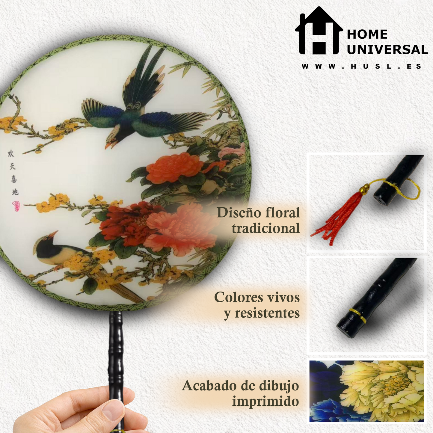 Home Universal® Abanico Redondo Chino - Imprimido de una Sola Cara – Abanico Clásico de Seda Translúcido y Sedoso con Patrón Floral y Mango de Madera – Estilo Oriental Antiguo Decorativo para Hogar o Regalo (Golondrina y Peonías)