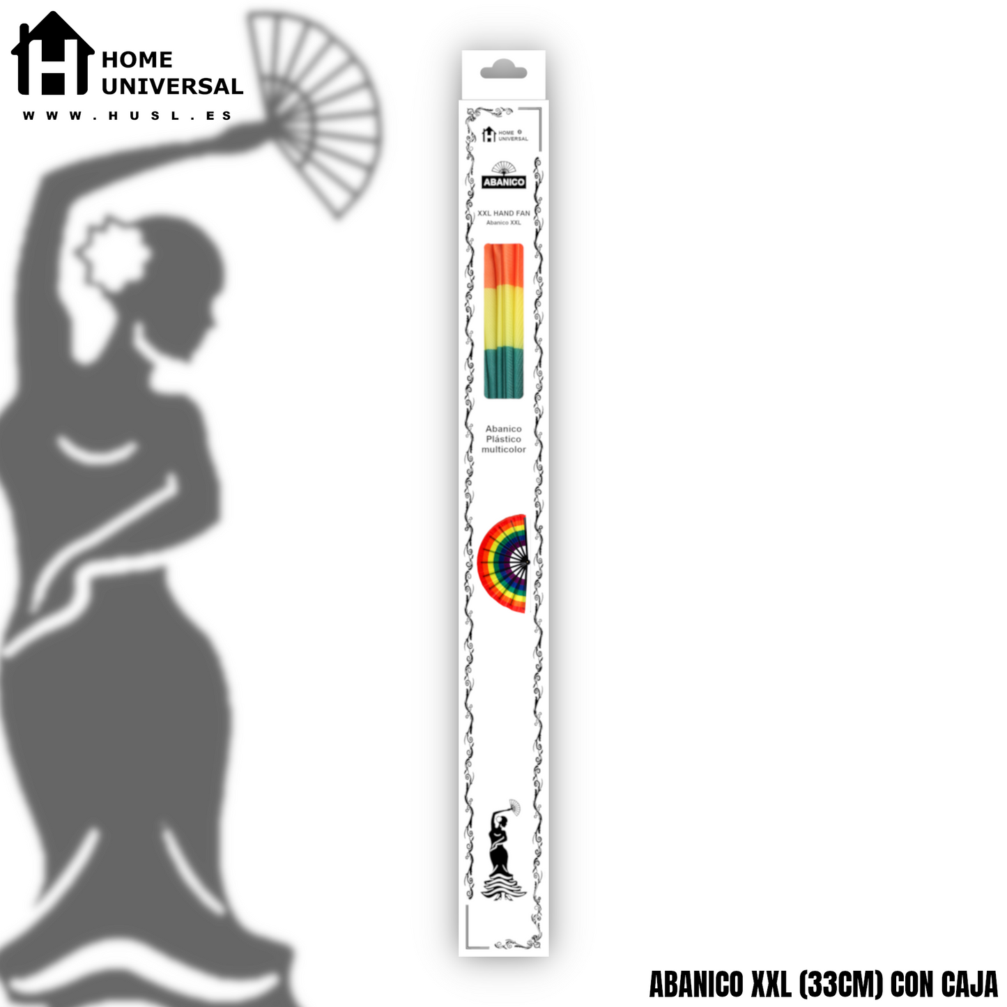 Home Universal® Abanico XXL 33 cm Grande de Plástico con Caja – Plegable, Ligero y Resistente – Efecto Fluorescente Brillante – Ideal para Verano, Fiesta, Discoteca, Pride y Eventos - ARCOIRIS_Noir (Estampado)