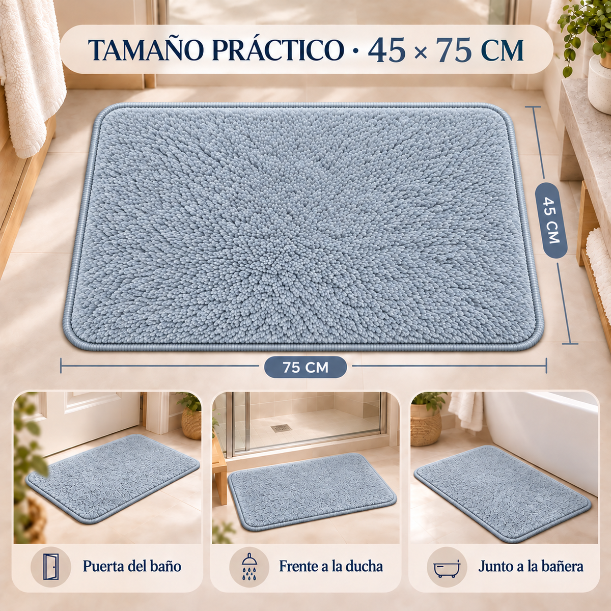 Home Universal® 2 Alfombras de Baño Absorbentes y Antideslizantes, Alfombrillas Suaves con Base de Goma, Lavables a Máquina, para Ducha, Bañera y Lavabo (Azul Claro, 45 x 75 cm (Rectangular))
