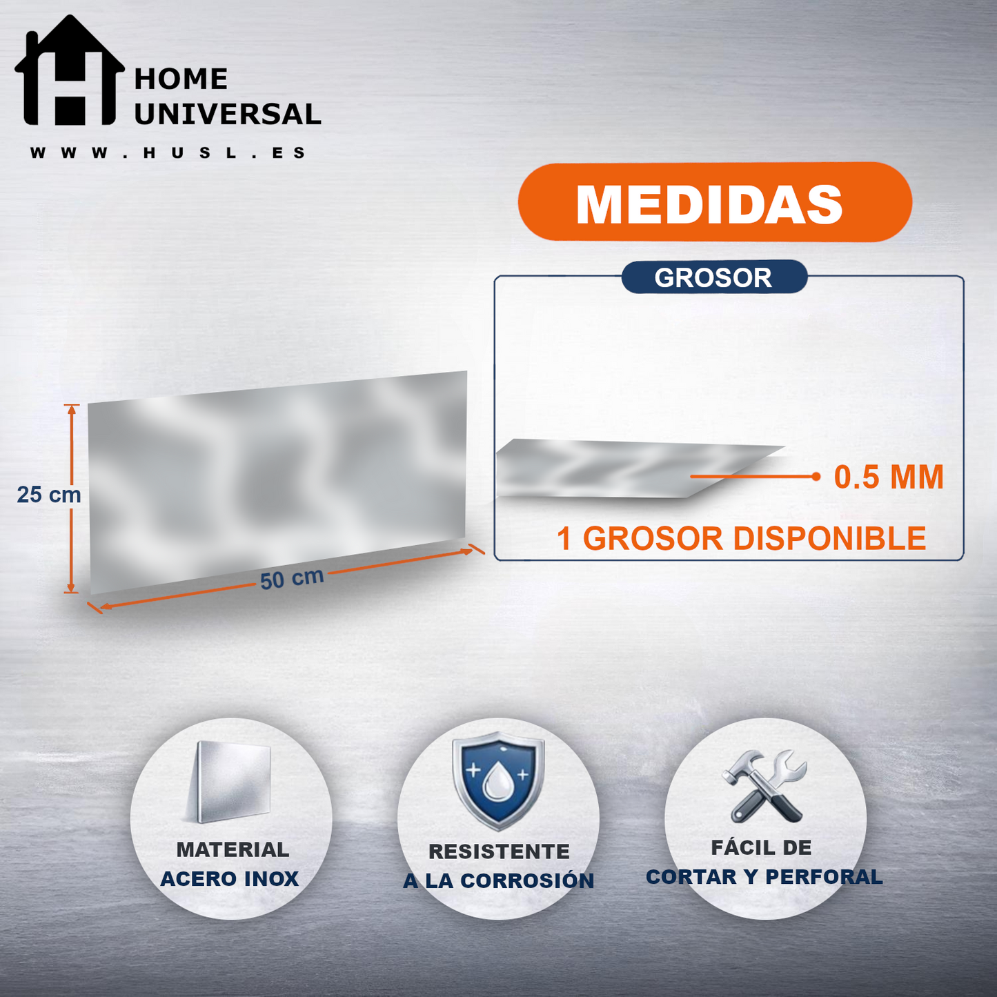 Home Universal® Chapa Acero inoxidable Superficie Liso, Estriada, Perforación Cuadrifolio – Lámina Metálica Resistente Anticorrosión para Bricolaje e Industria-Liso  (25X50CM - 0.5MM)