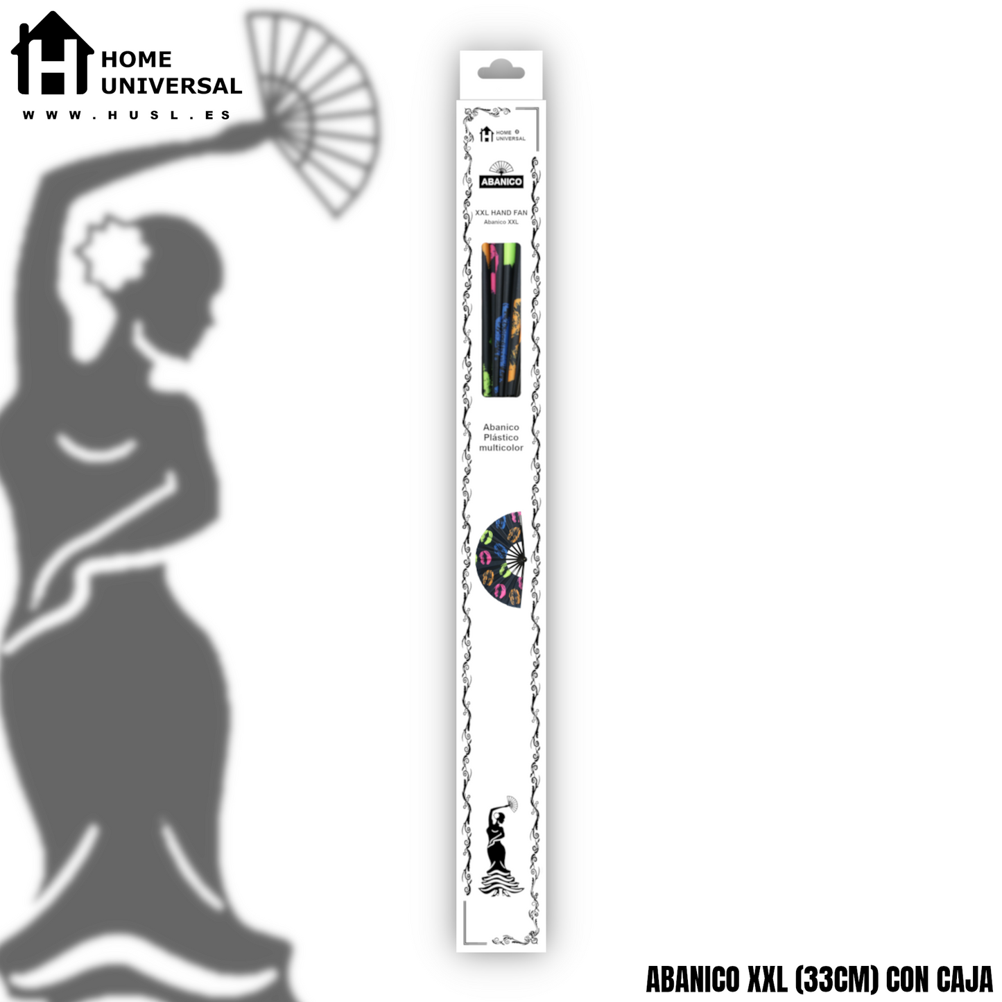 Home Universal® Abanico XXL 33 cm Grande de Plástico con Caja – Plegable, Ligero y Resistente – Efecto Fluorescente Brillante – Ideal para Verano, Fiesta, Discoteca, Pride y Eventos (Besos - Multicolor)