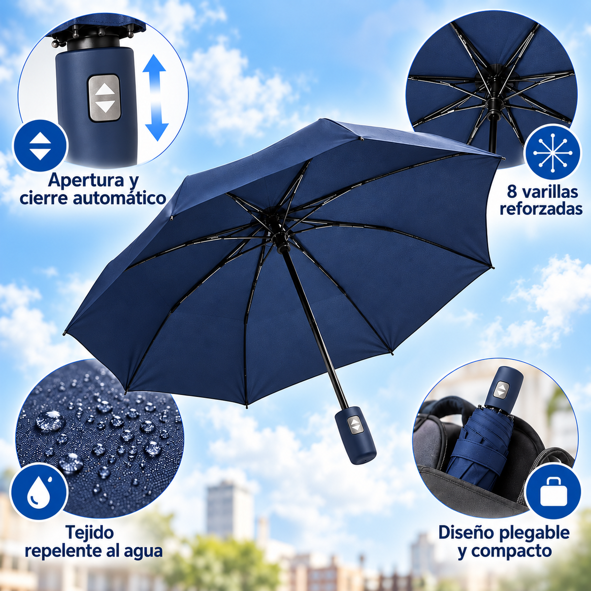 Home Universal® Paraguas Automático Plegable Grande, Compacto y Resistente, para Lluvia y Sol (Automático Apertura y Cierre (Azul))
