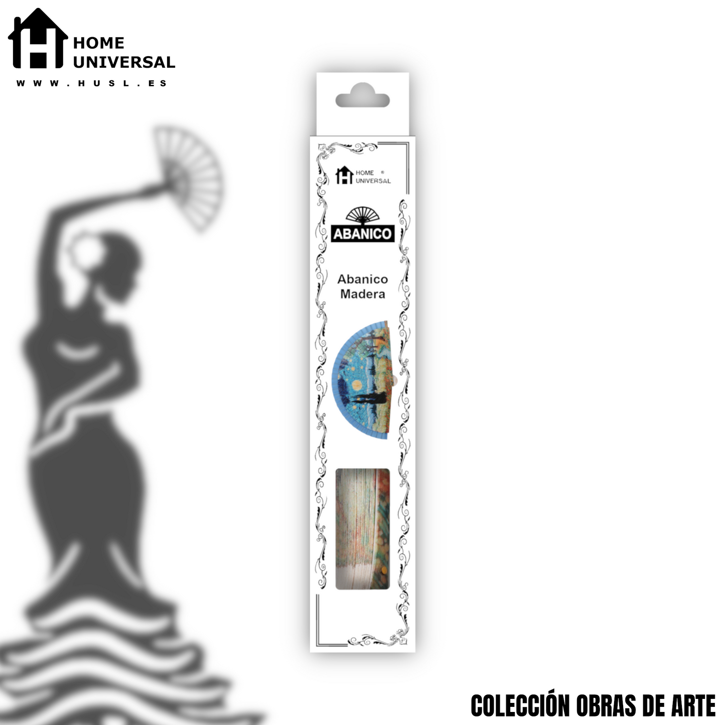 Home Universal®  Abanico 23CM DE Madera Lisa con Tela de Marfil, Abanico de Madera Adornado, Abanico Original - Paseo Estrellada (Estilo Vincent van Gogh)