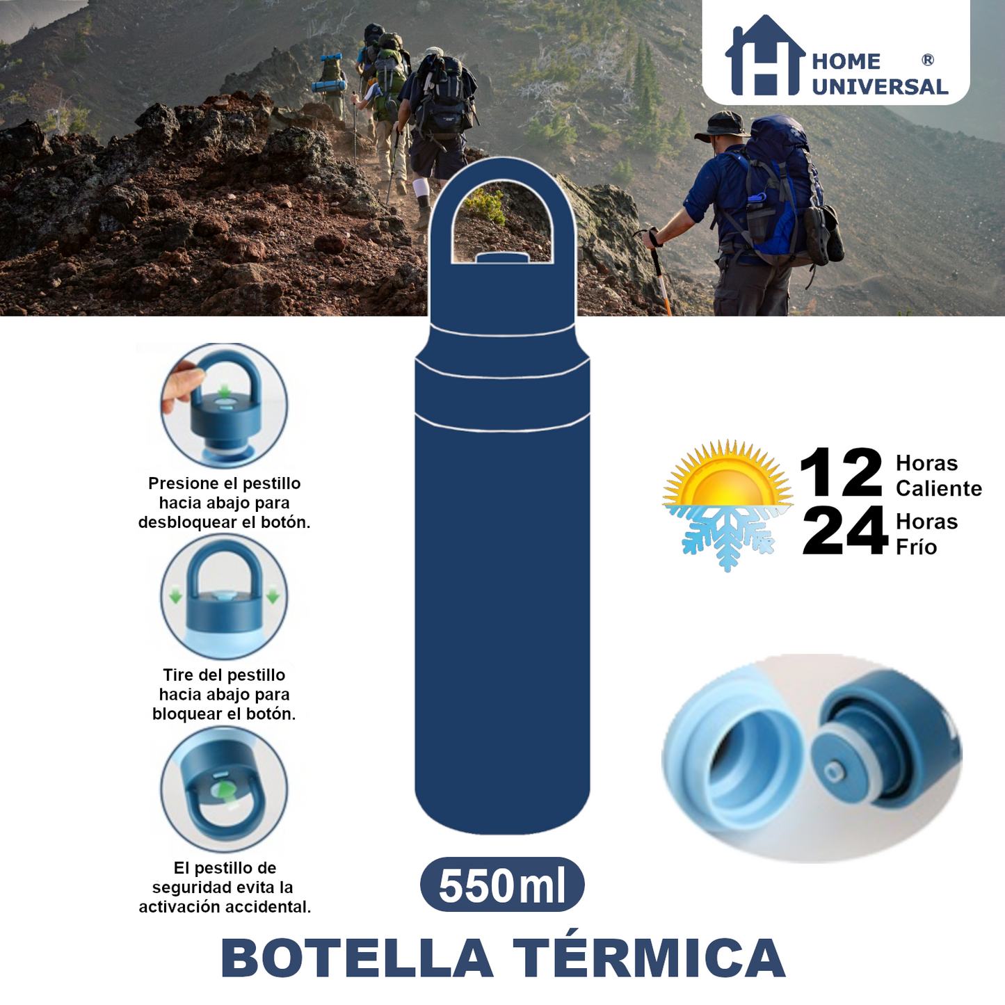 Home Universal® Botella Térmica 550ML de Apertura Rápida – Termo de Acero Inoxidable Antifugas para Café, Té y Bebidas Frías 24H/Calientes 12H (Azul Marino)