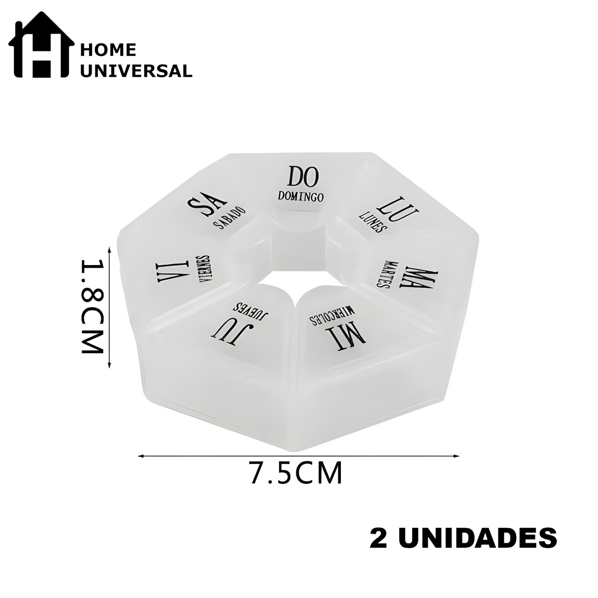 Home Universal® Pastillero portátil y semanal con 6, 7 o 28 compartimentos | Caja organizadora de pastillas con cortador integrado – Diferentes colores y formatos (Pastillero semanal 7 compartimentos - Octogonal)