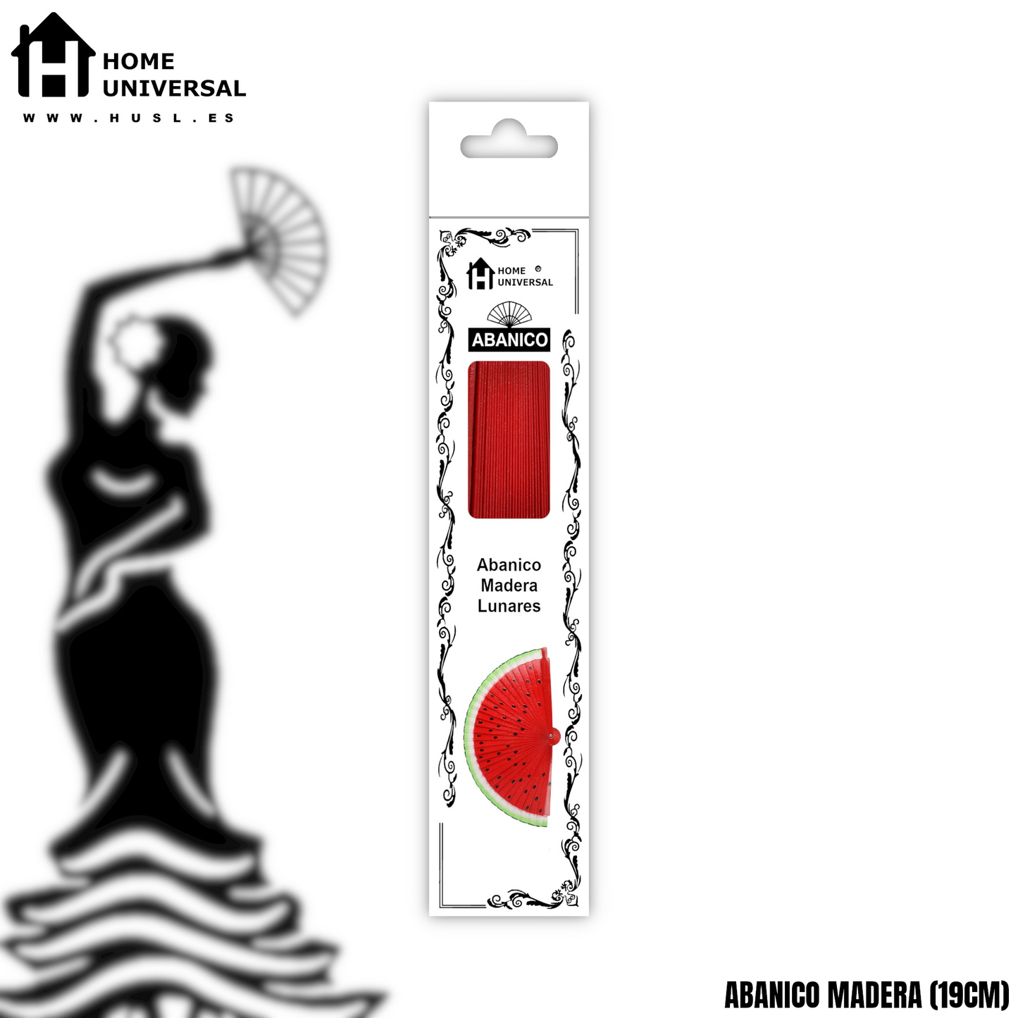 Home Universal®  Abanico Español Plegable de Madera con Argolla de Doble Cara Rojo con Lunares - Ventilador de Mano Ligero Portátil para Flamenco, Bodas, Fiesta y Verano - Rojo Con Lunar Blanco - Sandía - 19 CM (12 Unidades)