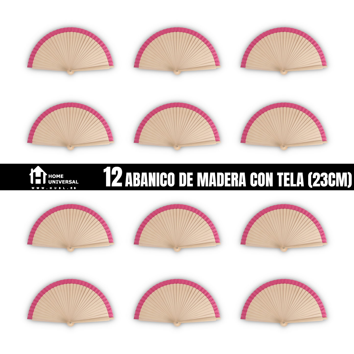Home Universal®  Abanicos de Madera con Argolla para Cuello, Plegables con Tela en Varios Colores - Ligeros, Portátiles y Resistentes para Eventos, Bodas y Verano - Rosa 23 CM (12 Unidades)