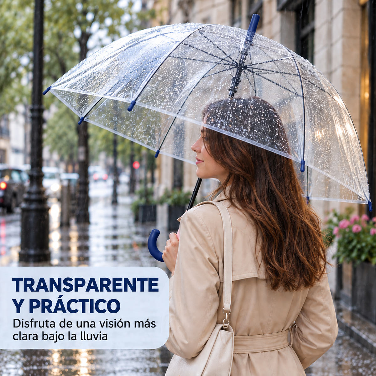 Home Universal® Paraguas Transparente Grande 120 cm, Paraguas de Cúpula con Mango Curvo, Apertura Semiautomática (Azul Marino)