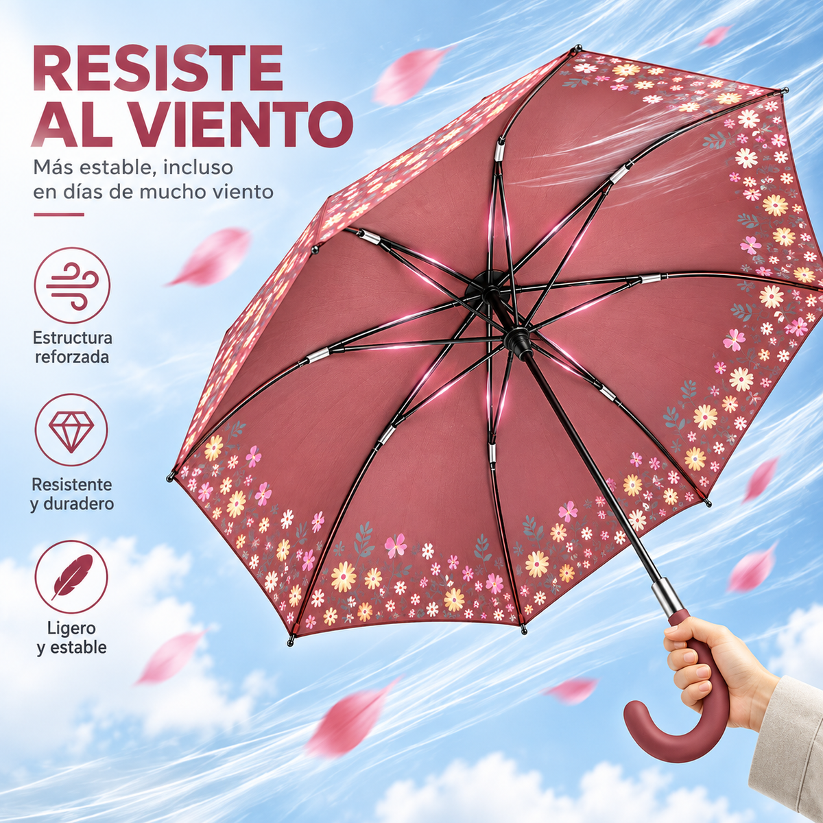 Home Universal® Paraguas Grande Semiautomático, Paraguas Largo Resistente al Viento con Mango Curvo para Mujer y Hombre (Rosa Encanto)