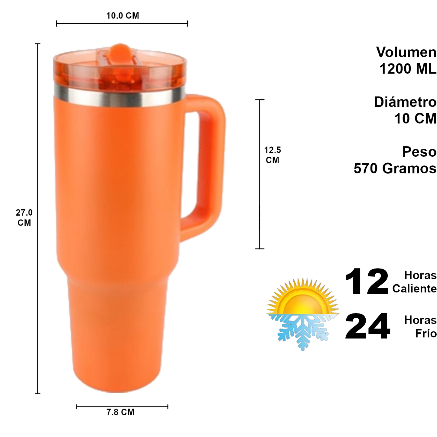 Home Universal ® Botella térmico 1200 ml con Pajita | A prueba de fugas | Acero Inoxidable sin BPA | Mantiene Frío 24h y Calor 12h | Termo Reutilizable Fácil de Llevar (Naranja)