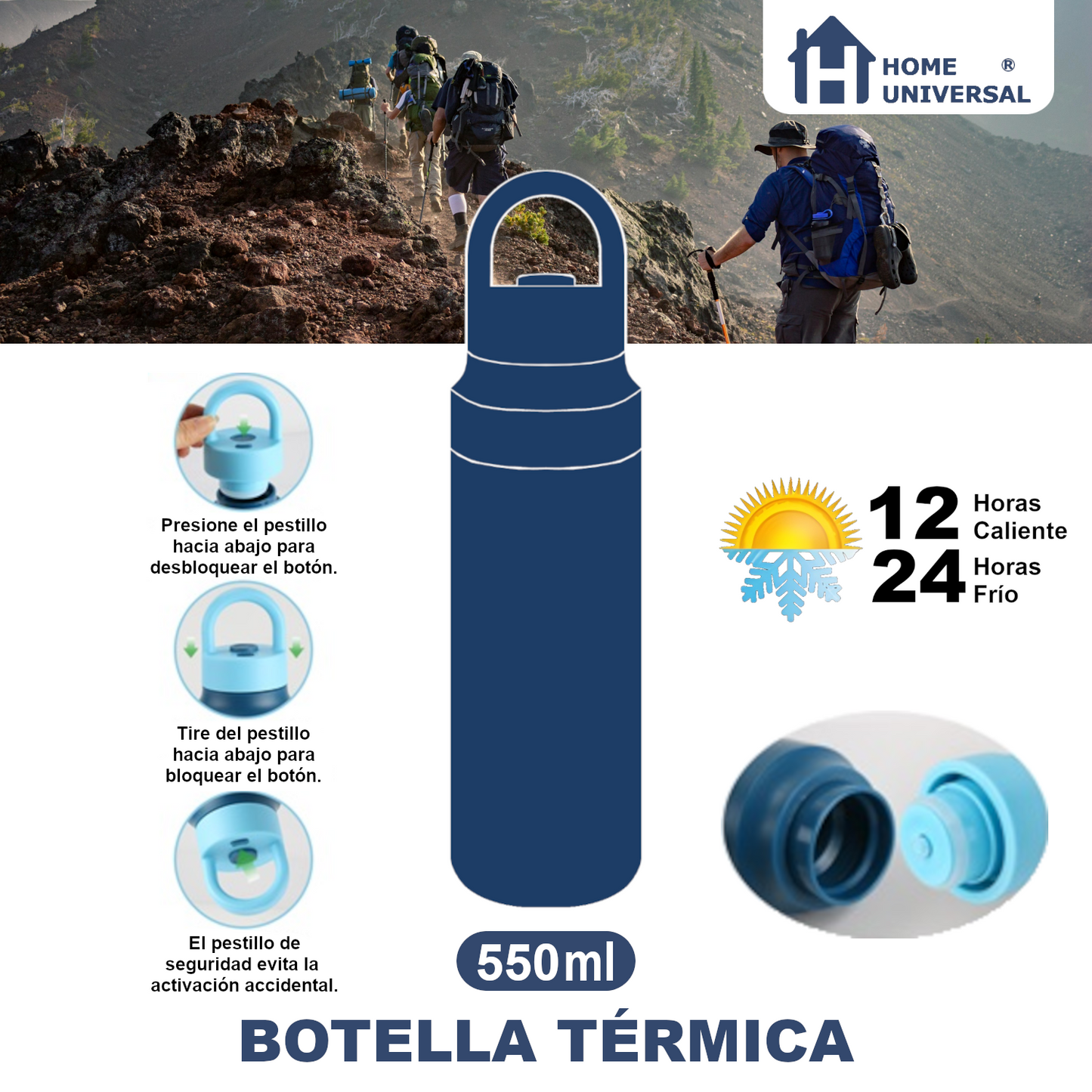Home Universal® Botella Térmica 550ML de Apertura Rápida – Termo de Acero Inoxidable Antifugas para Café, Té y Bebidas Frías 24H/Calientes 12H (Azul Celeste)