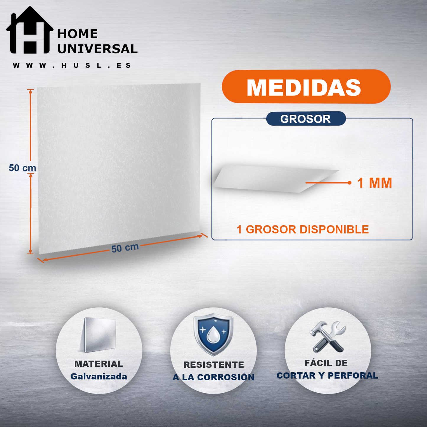 Home Universal® Chapa Galvanizada Lisa y Perforada, Lámina Metálica Resistente Anticorrosión para BricolajeSuperficie (Superficie (Liso)Brillante (50X50CM - 1 MM))