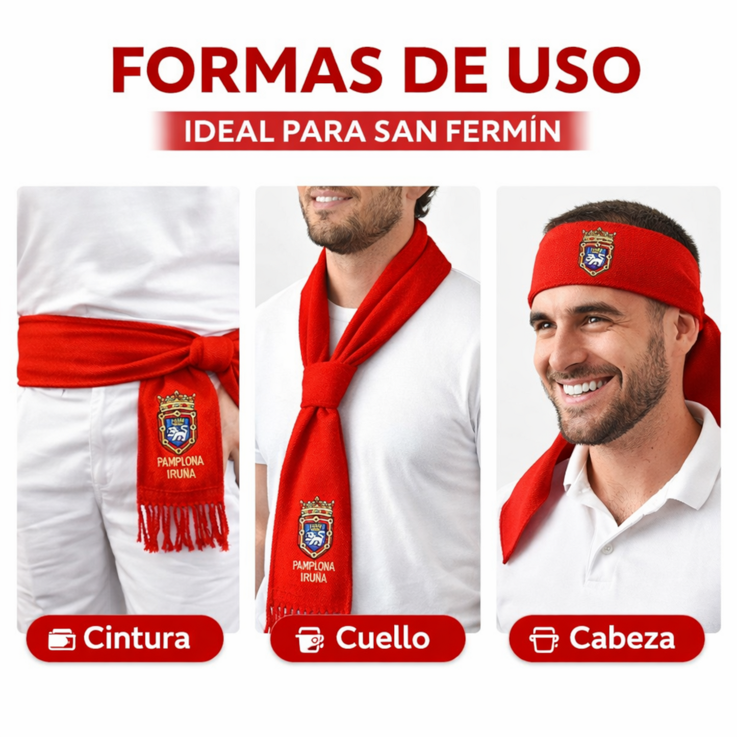 Home Universal® Fiestas Pamplona-Iruña (San Fermín) – Pack Set Accesorios con Pañuelos Rojos y Fajín Rojo Tradicional para Fiestas y Eventos, Estilo Oficial San Fermín (Fajín Rojo - Bordado de Escudo de Pamplona)