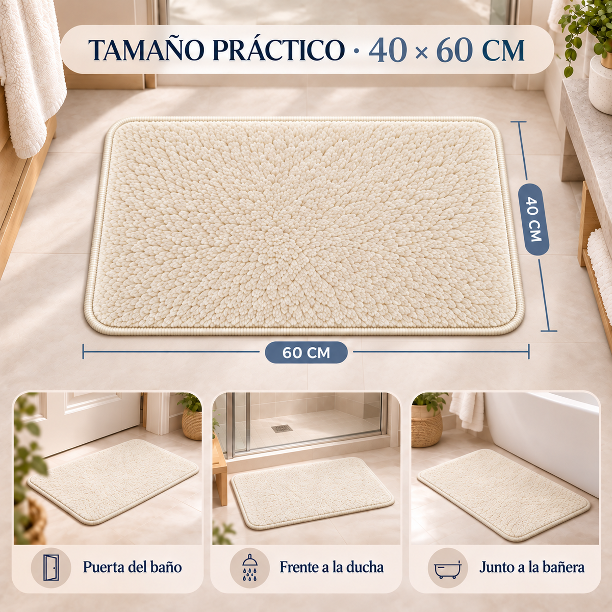Home Universal® 2 Alfombras de Baño Absorbentes y Antideslizantes, Alfombrillas Suaves con Base de Goma, Lavables a Máquina, para Ducha, Bañera y Lavabo (Crema, 40 x 60 cm (Rectangular))