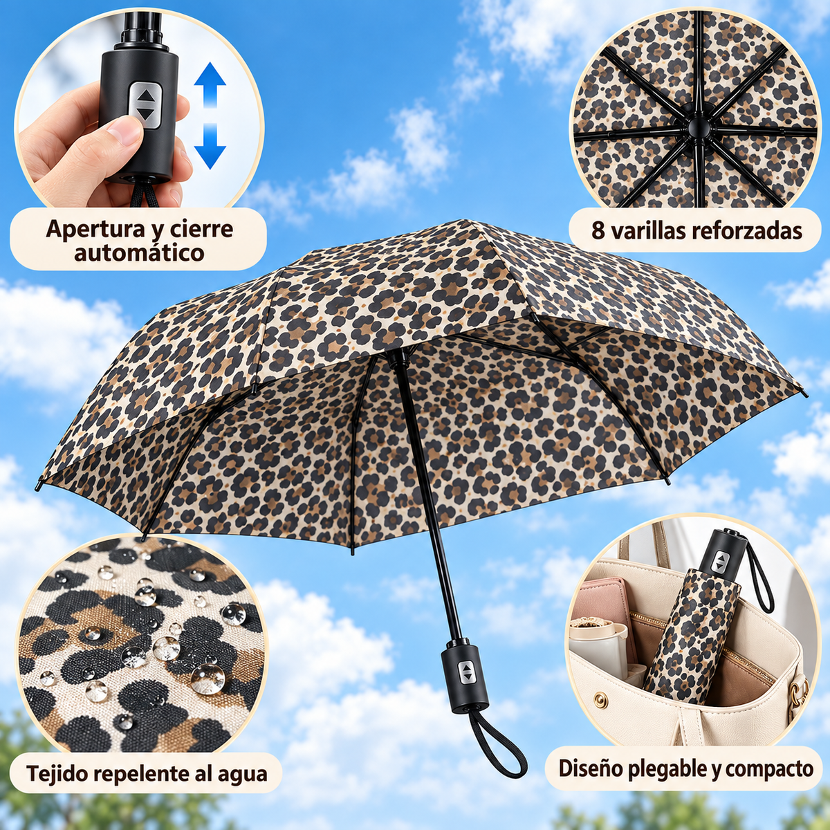 Home Universal® Paraguas Automático Plegable Grande, Compacto y Resistente, para Lluvia y Sol (Automático Apertura y Cierre (Leopardo Marrón))