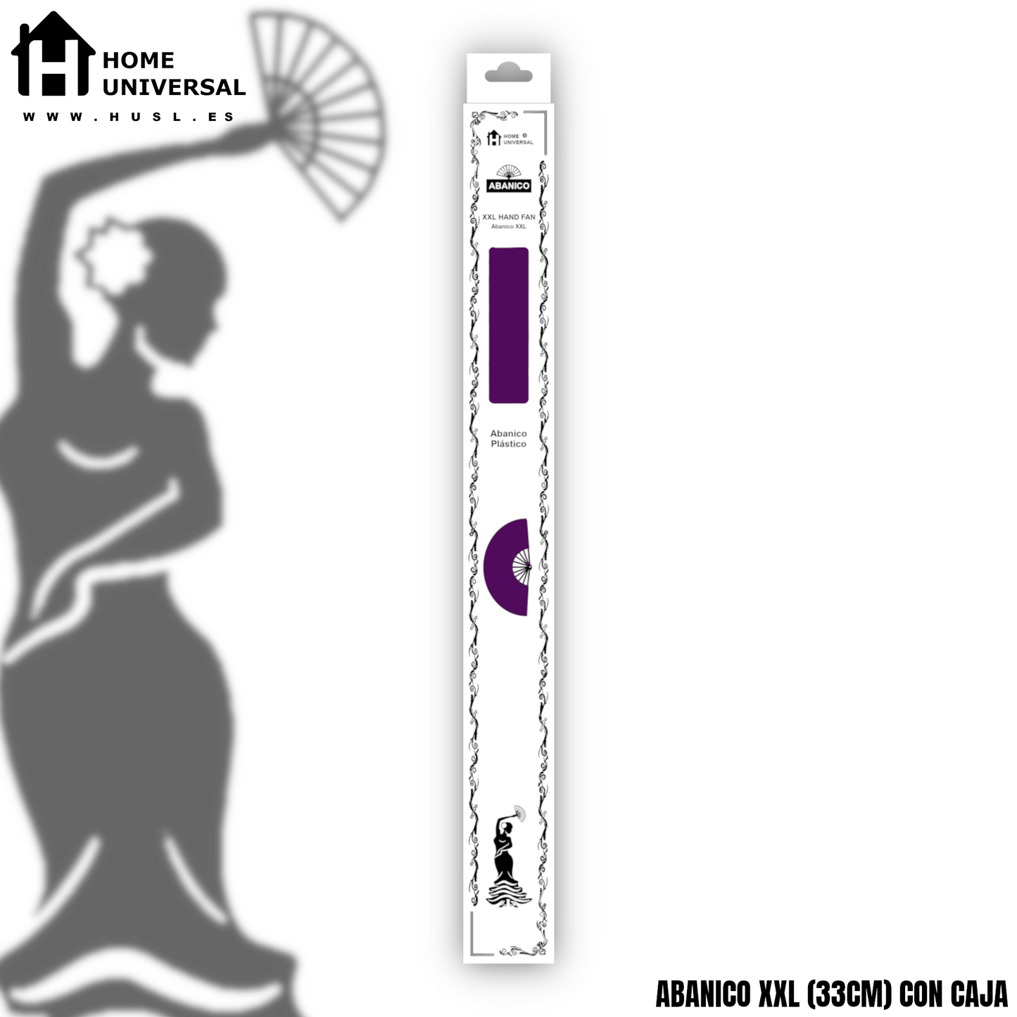 Home Universal® Abanico XXL 33 cm Grande de Plástico con Caja – Plegable, Ligero y Resistente – Efecto Fluorescente Brillante – Ideal para Verano, Fiesta, Discoteca, Pride y Eventos - Morado (Liso)