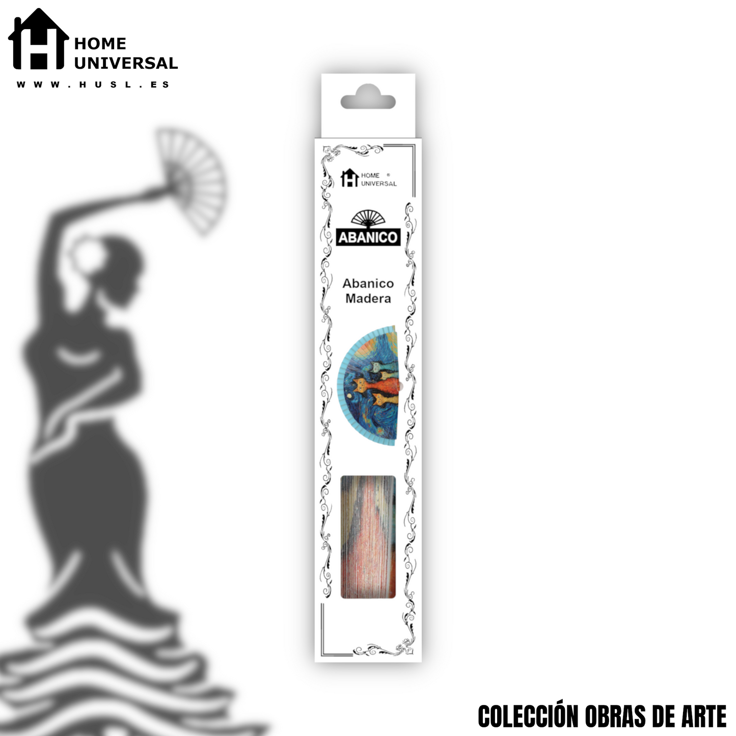 Home Universal®  Abanico 23CM DE Madera Lisa con Tela de Marfil, Abanico de Madera Adornado, Abanico Original - Cuatro Gatos (Estilo Vincent van Gogh)