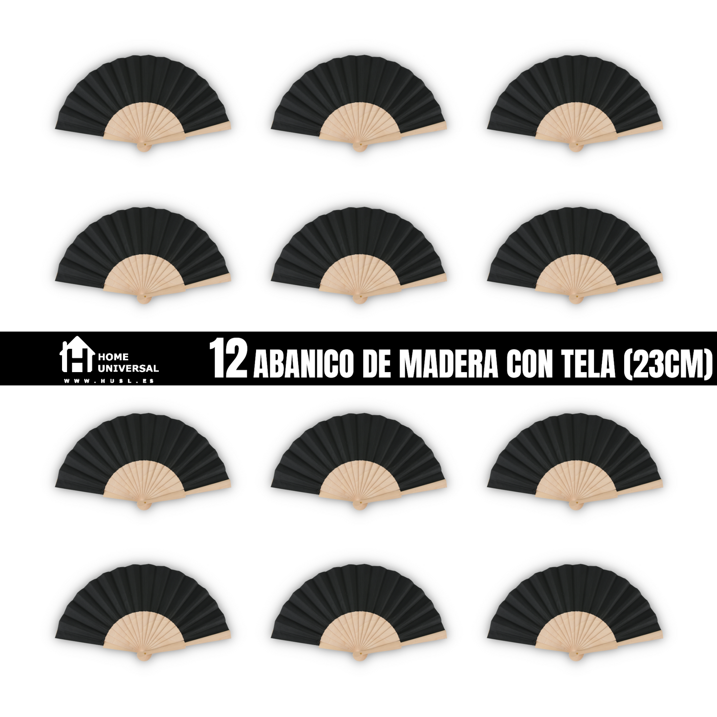 Home Universal ® Pack 12 Unidades Abanicos Madera con Tela Lisa 23cm, Detalles para los Invitados, Regalos de Boda, Fiestas, Comuniones y Otros Eventos - Negro (12 Unidades)