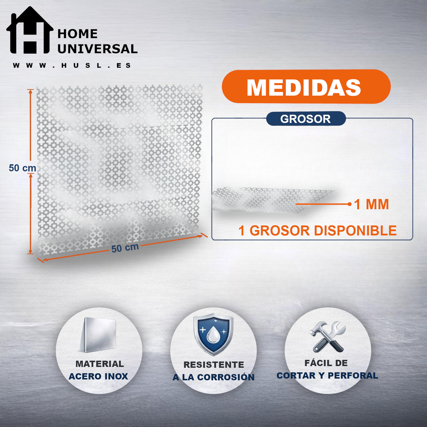 Home Universal® Chapa Acero inoxidable Superficie Liso, Estriada, Perforación Cuadrifolio – Lámina Metálica Resistente Anticorrosión para Bricolaje e Industria-Perforación Cuadrifolio  (50X50CM - 1MM)