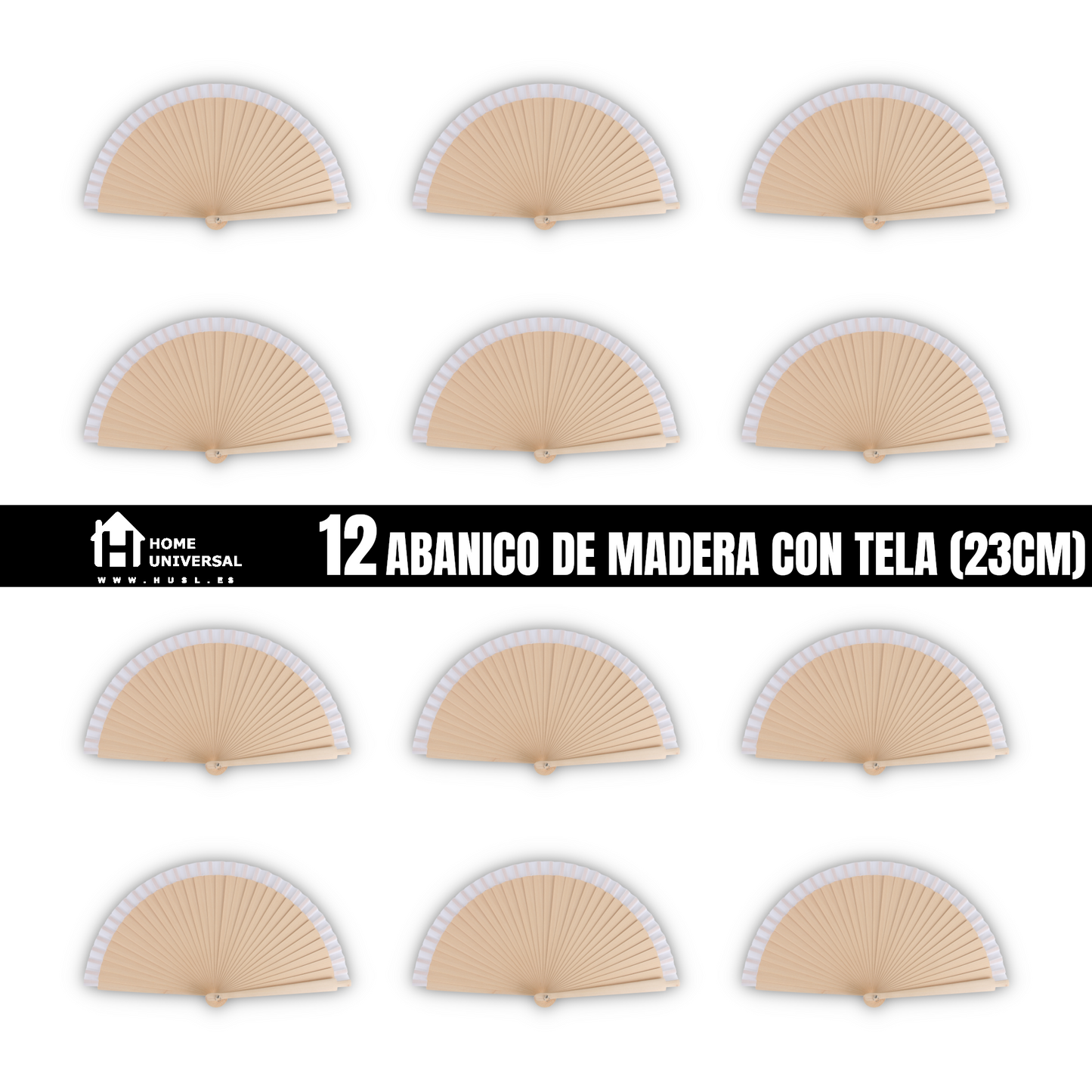 Home Universal®  Abanicos de Madera con Argolla para Cuello, Plegables con Tela en Varios Colores - Ligeros, Portátiles y Resistentes para Eventos, Bodas y Verano - Blanco 23 CM (12 Unidades)